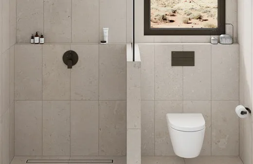 Modern small bathroom with neutral stone wall tiles, walk-in shower, and floating toilet in a simple minimalist layout