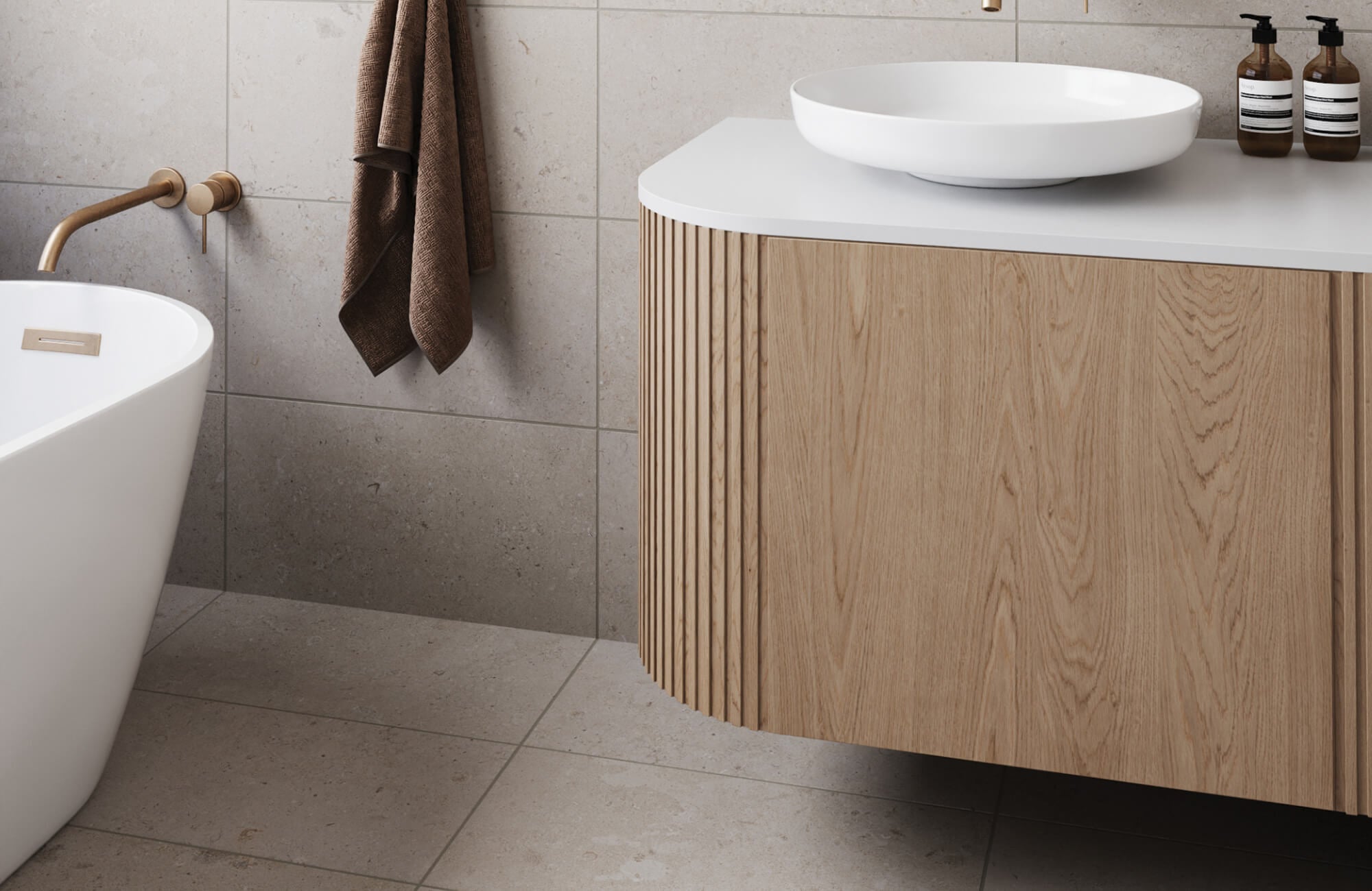 null Modern small vanity with fluted wood cabinet, vessel sink, and modern small bathroom neutral tiles