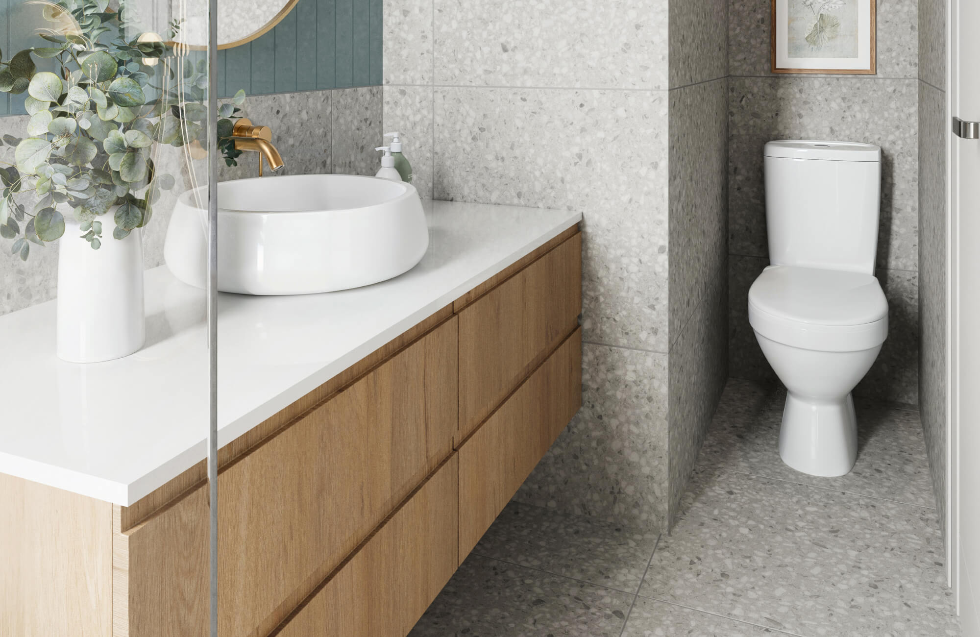 null Modern small bathroom with terrazzo-look wall tiles, wood vanity, vessel sink, and a compact, simple toilet design