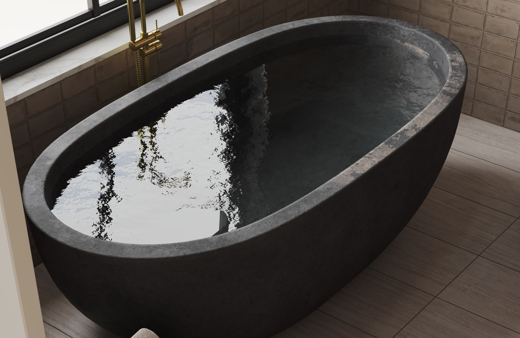 Sleek black stone soaking tub filled with water, set against textured wall tiles and warm tile flooring.