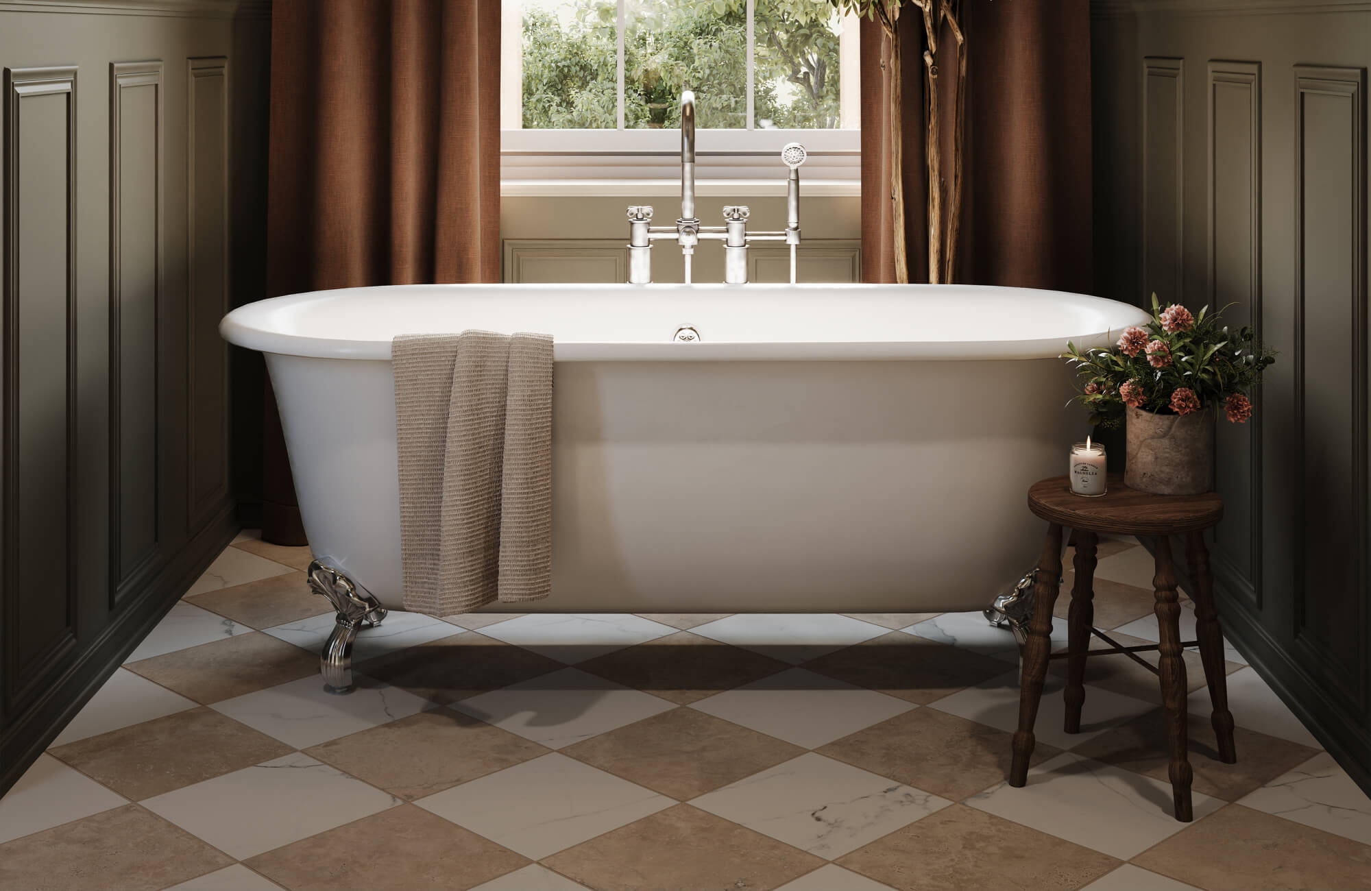 Classic clawfoot bathtub with chrome fixtures, set on checkered marble and stone look tile, framed by olive paneling and warm drapes.