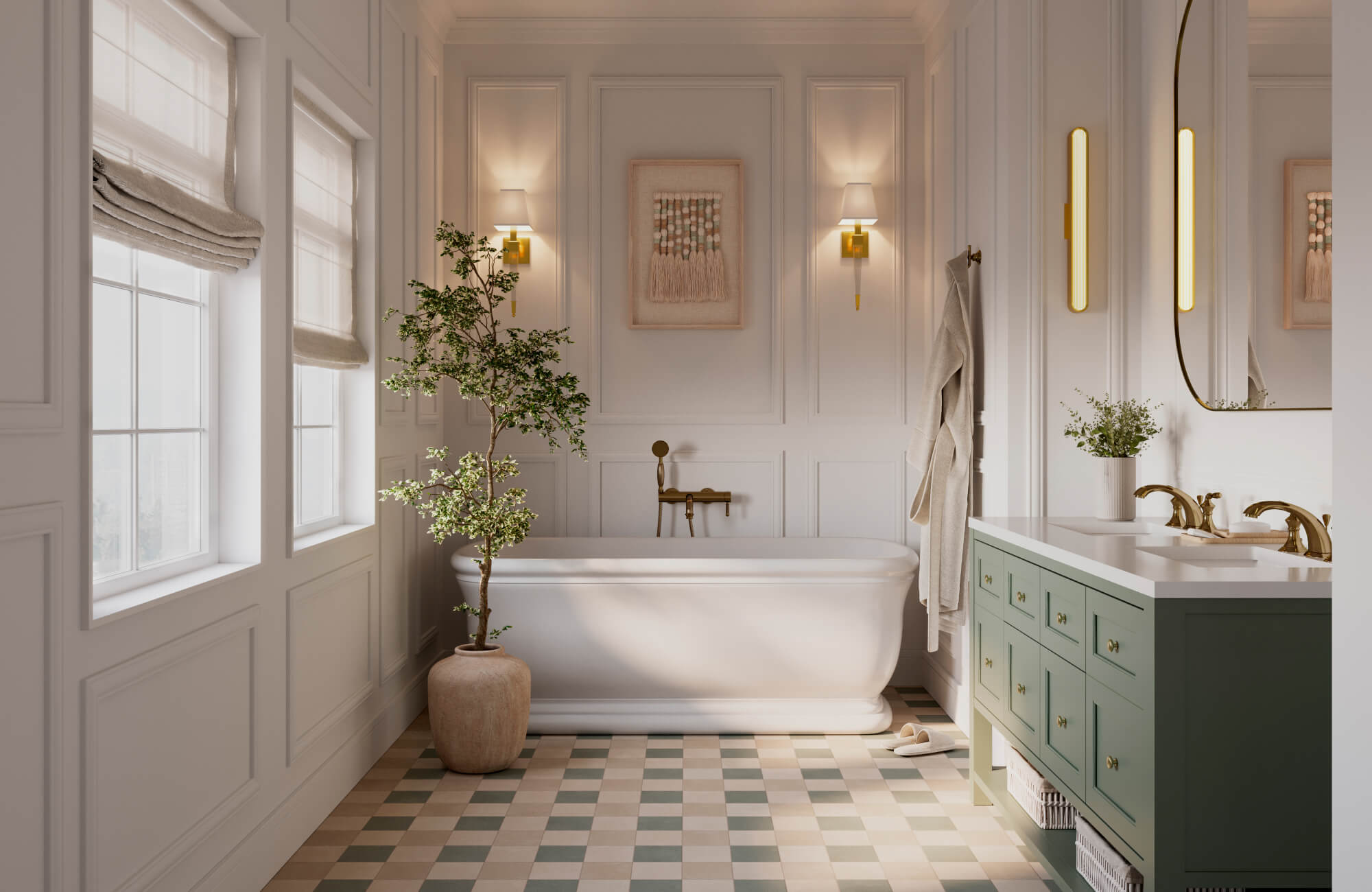 Elegant bathroom with a sculpted freestanding tub, sage green vanity, and checkered tile flooring in soft earthy tones.