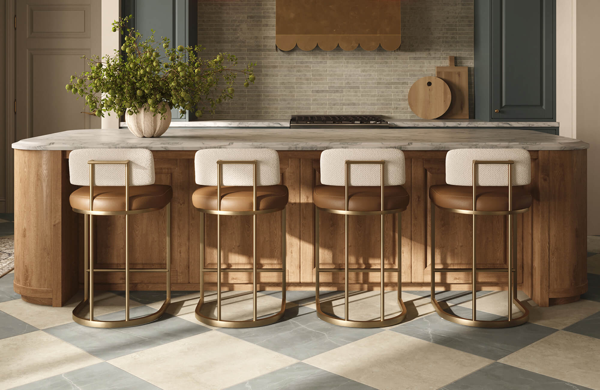 null Wood-accented kitchen island with upholstered stools, marble countertop, and warm finishes creating an inviting gathering space.