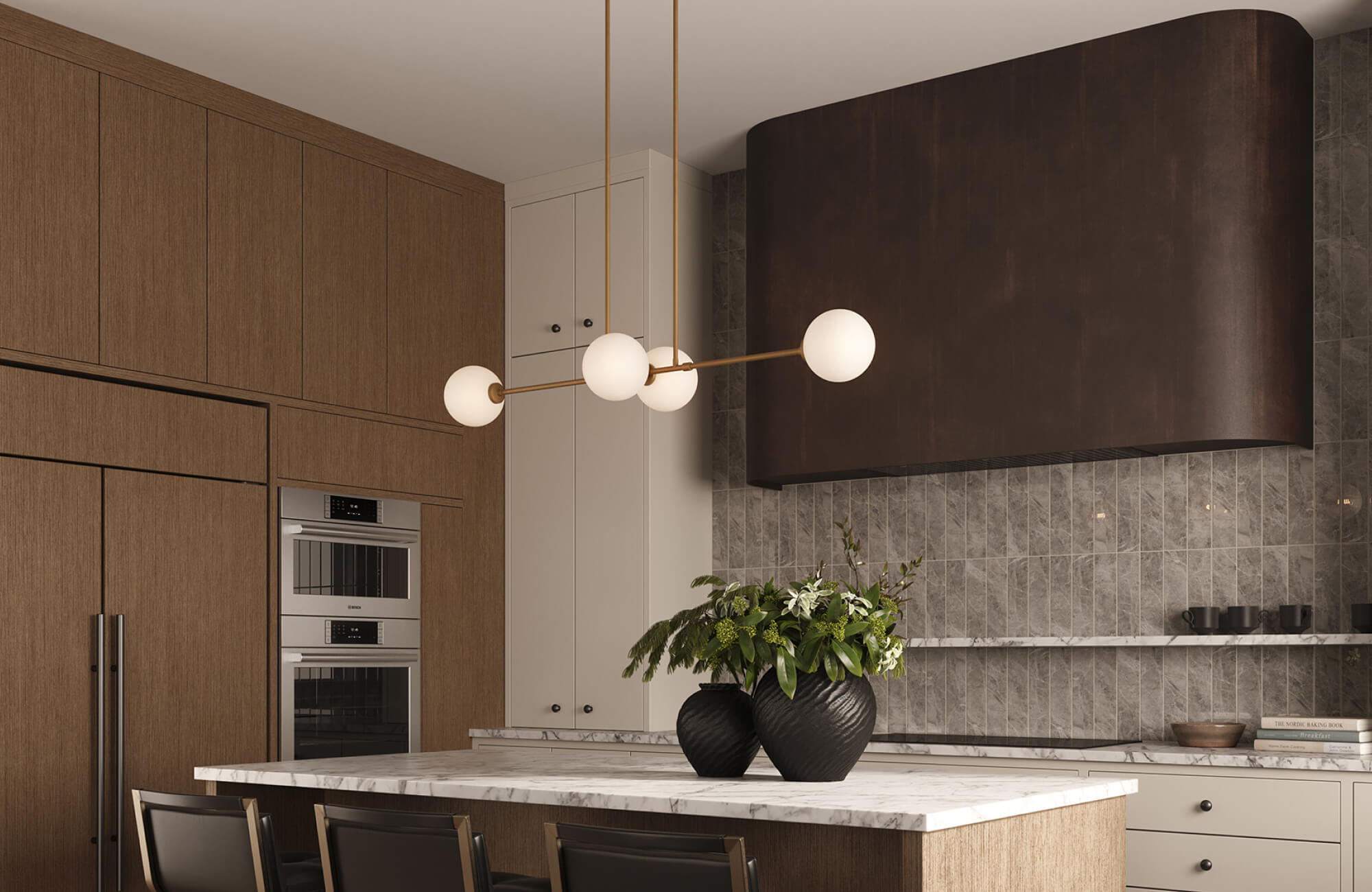null Contemporary kitchen featuring sleek cabinetry, statement linear lighting, textured backsplash, and a refined neutral palette.
