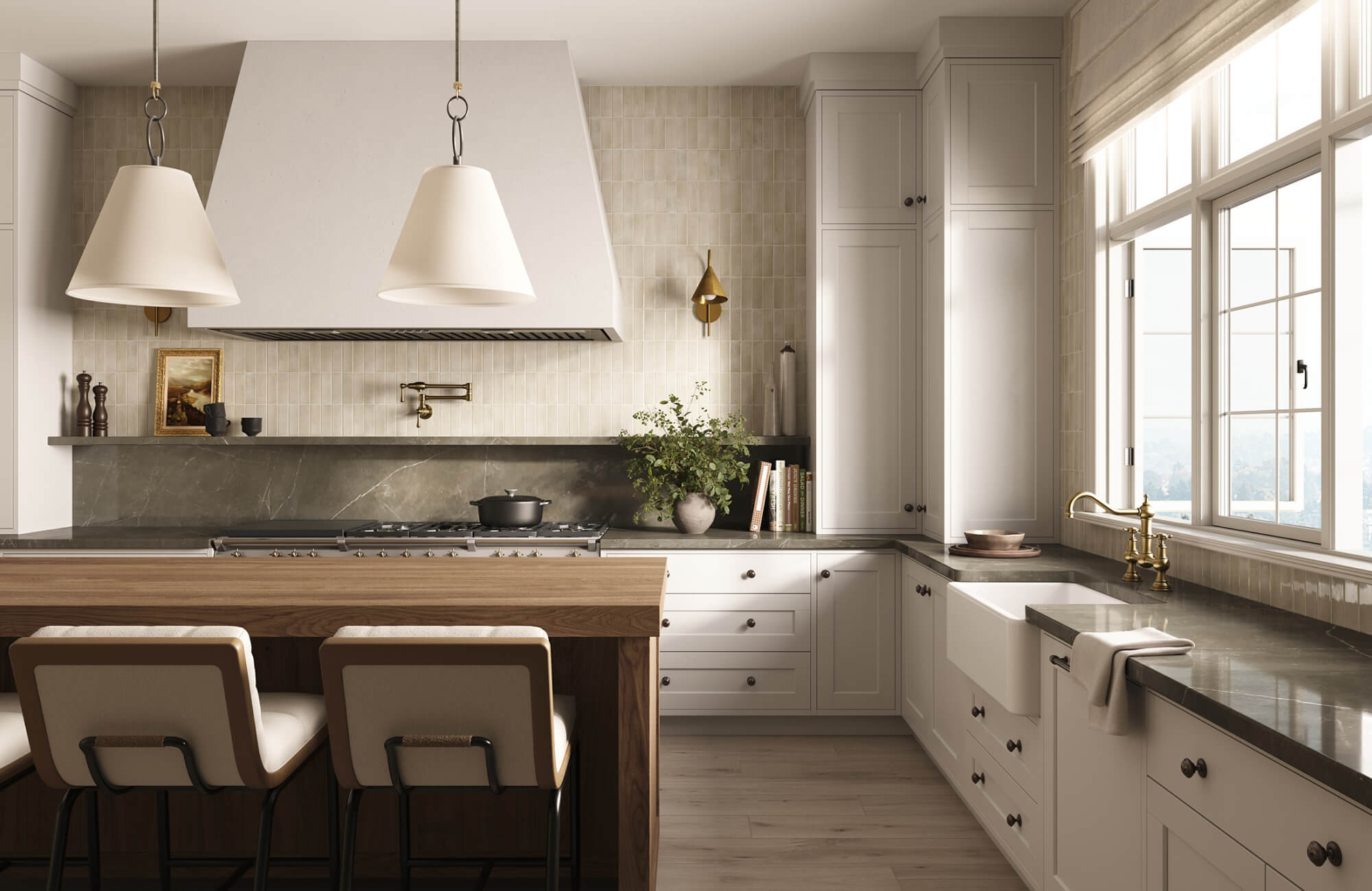 null Light-filled kitchen with white cabinetry, open shelving, marble surfaces, and subtle texture for a clean, timeless look.