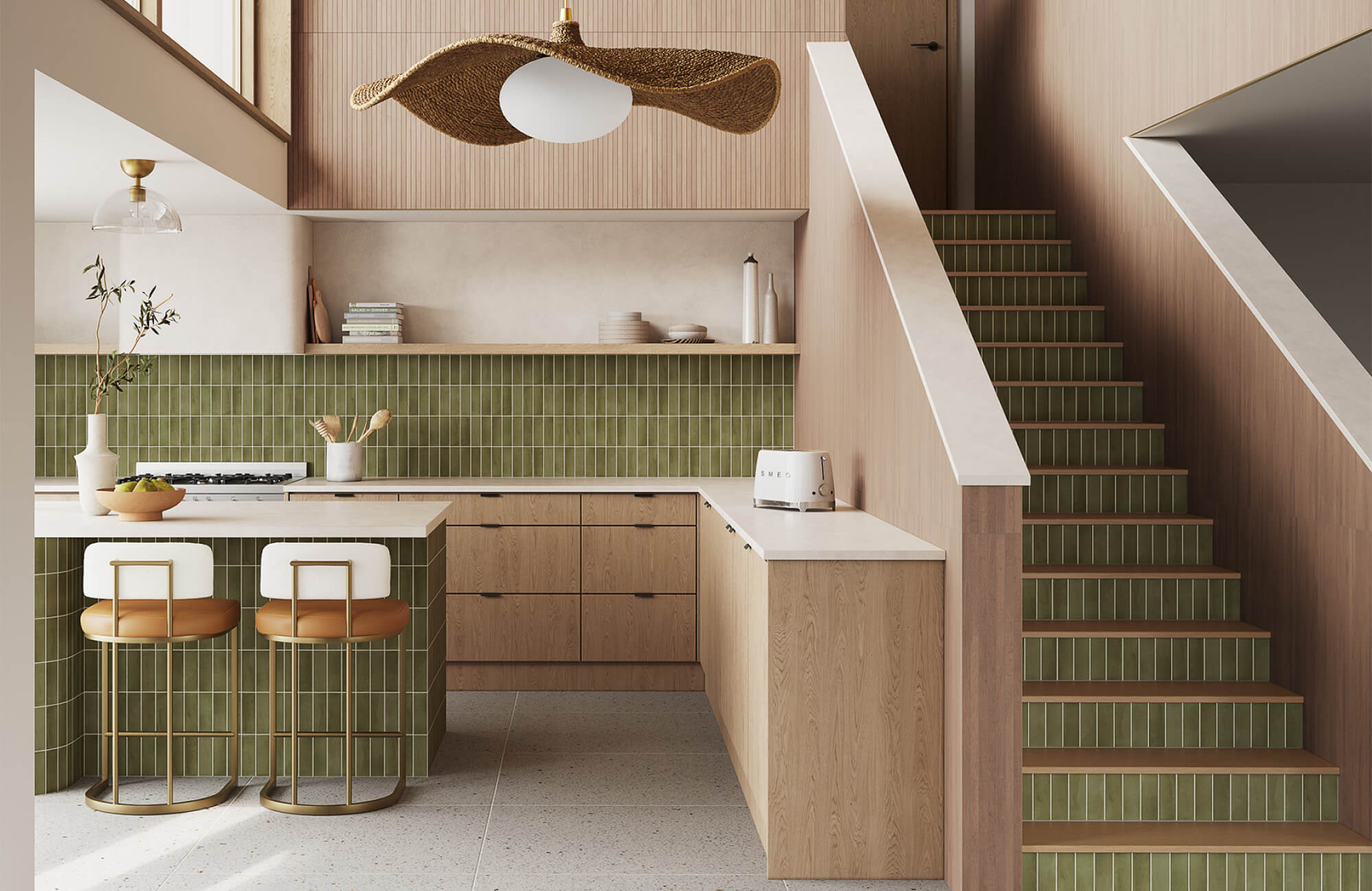 null Open kitchen with green tiled backsplash, light wood cabinetry, compact island seating, and integrated staircase creating a cohesive layout.