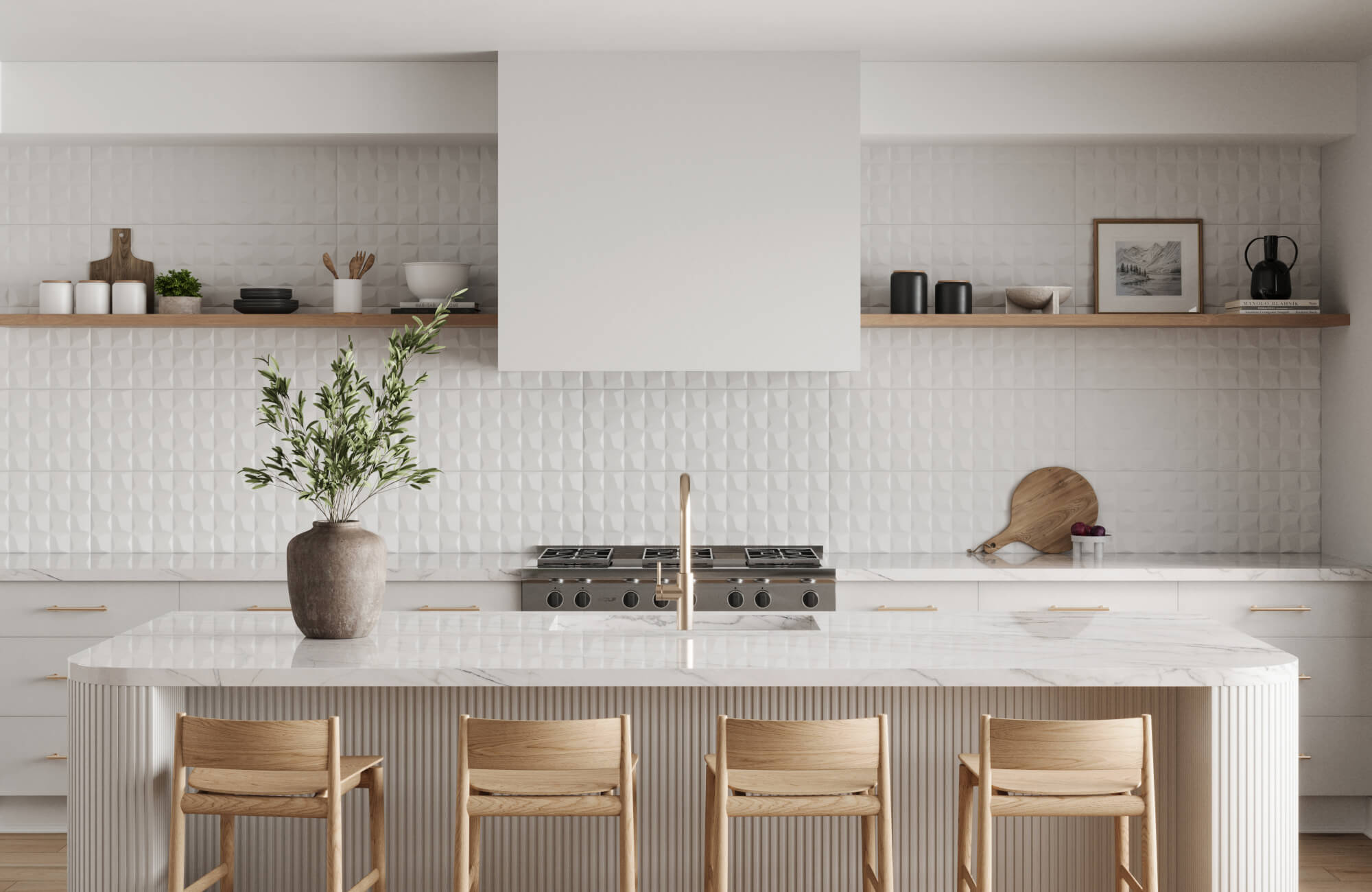 null Minimalist white kitchen with textured backsplash, fluted island detail, and natural wood stools adding warmth and depth.