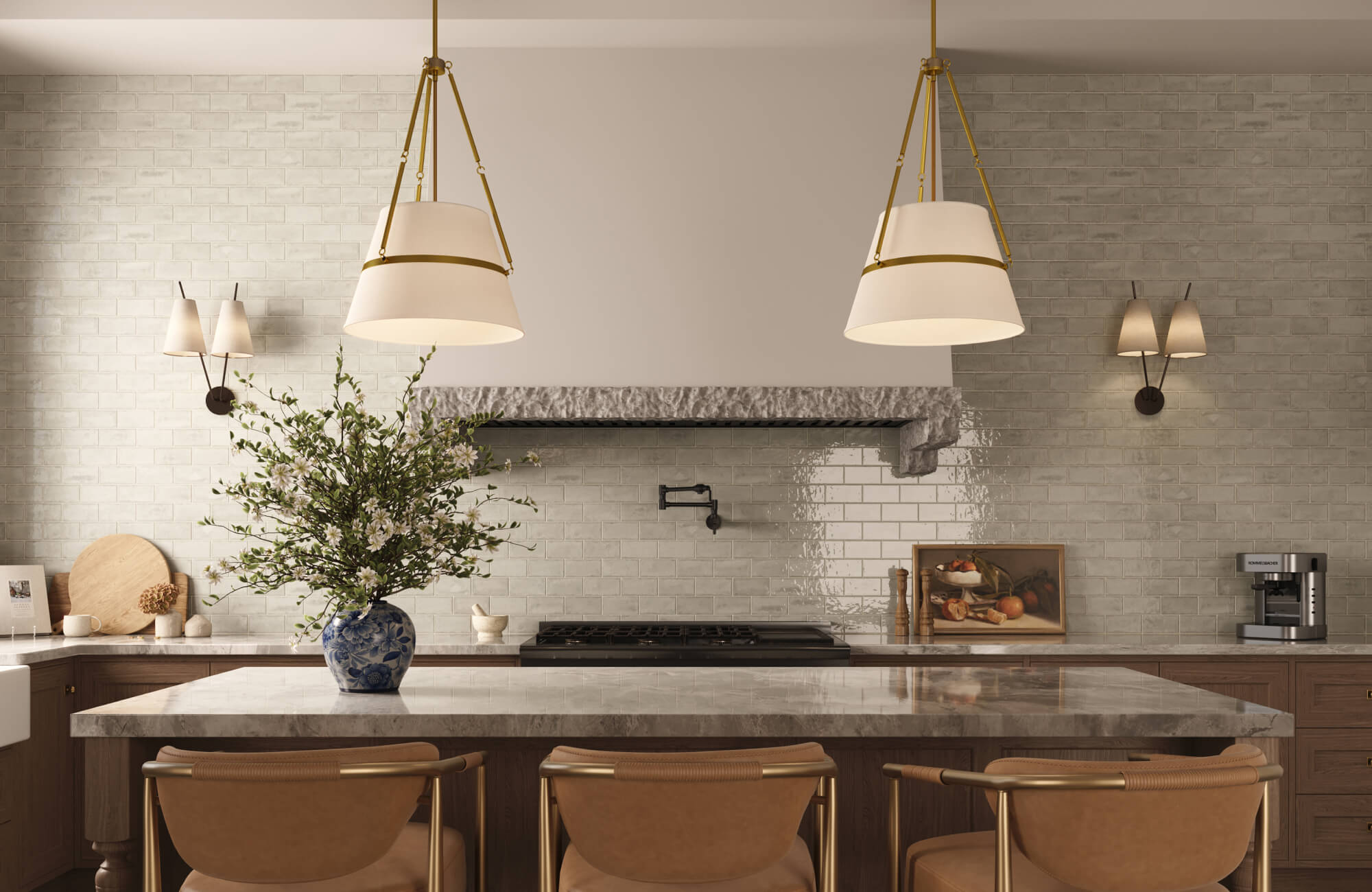null Elegant kitchen with layered lighting, pendant fixtures, wall sconces, marble countertops, and a balanced, luxurious feel.