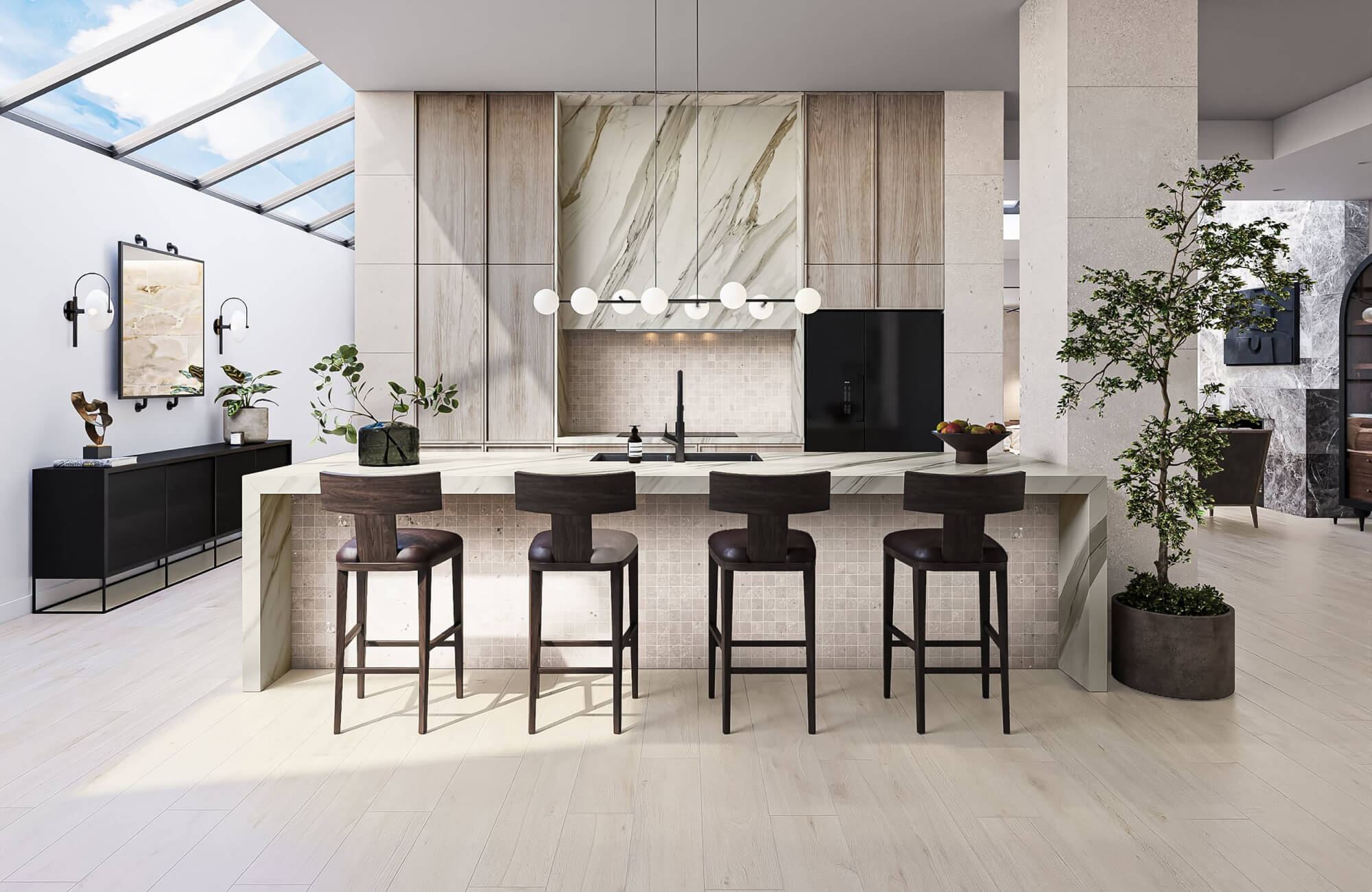 null Modern kitchen showcasing light-toned flooring, expansive island, and seamless flow between cabinetry and open living areas.