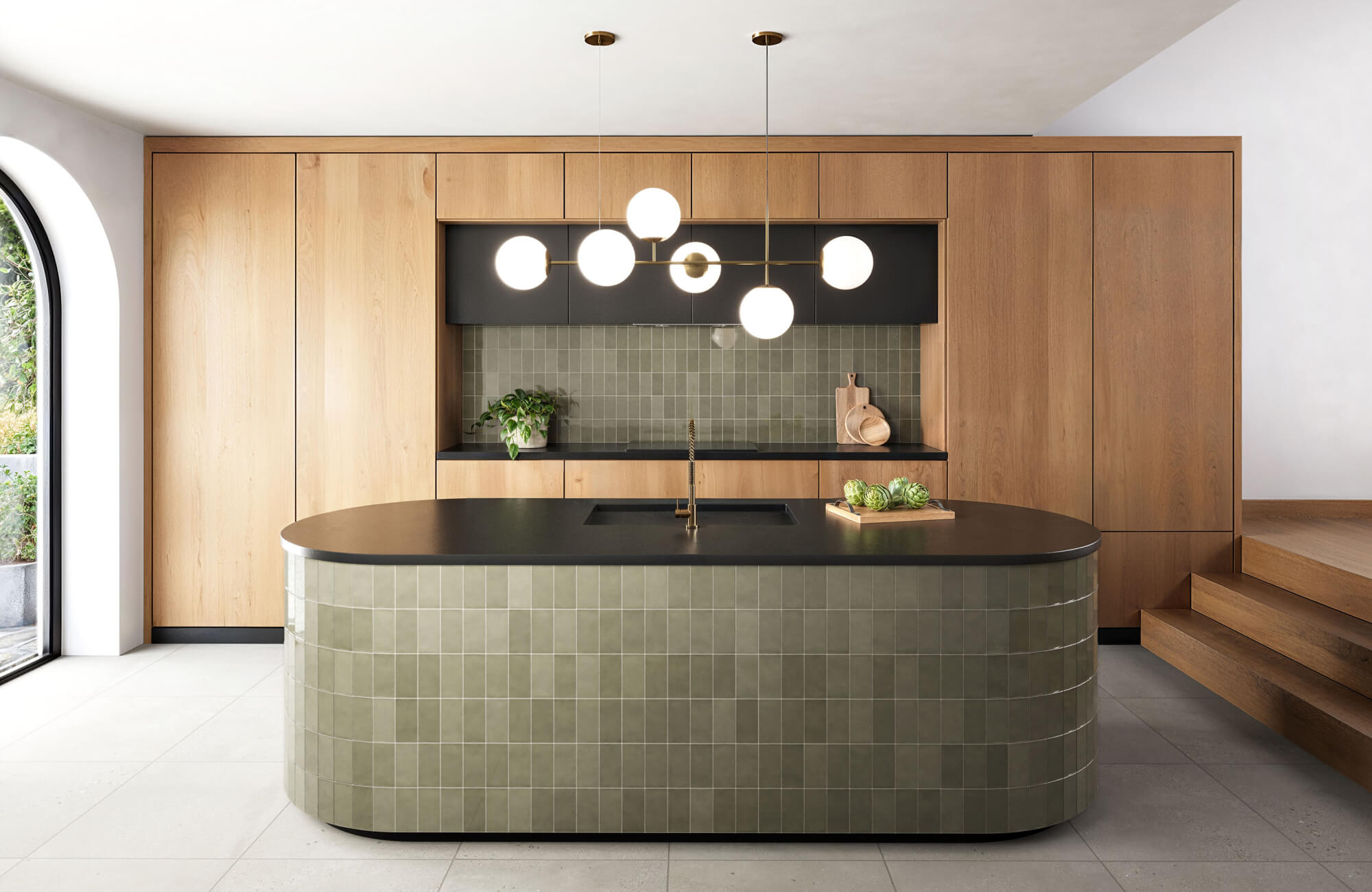 null Modern kitchen with curved island, green tile base, wood cabinetry, globe pendant lighting, and clean minimalist styling.