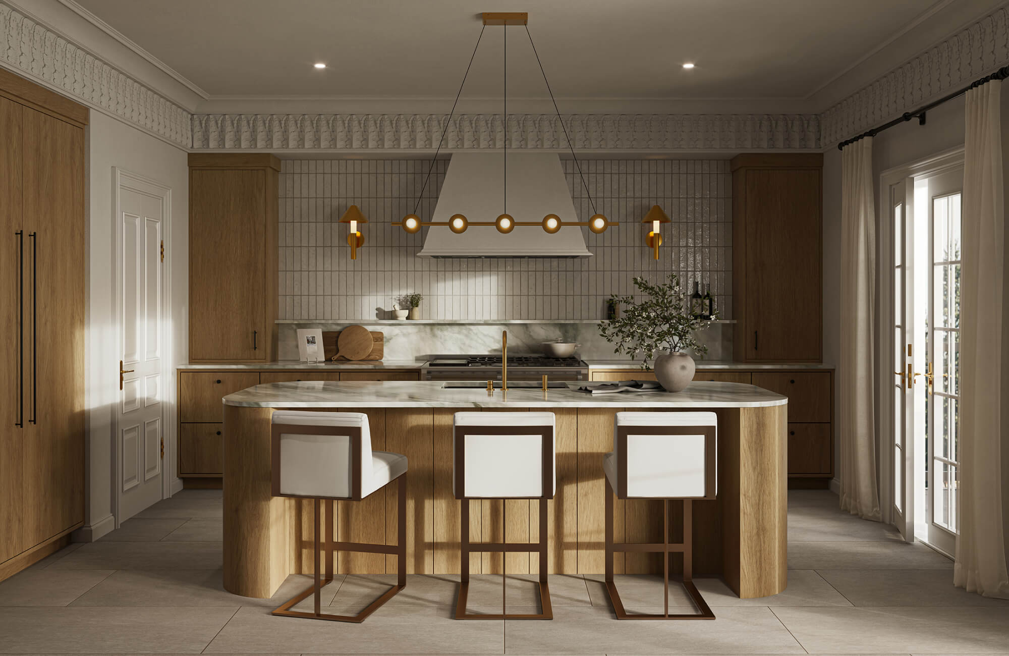 null Warm kitchen featuring a rounded wood island, marble countertop, paneled backsplash, and layered lighting with pendants and sconces.