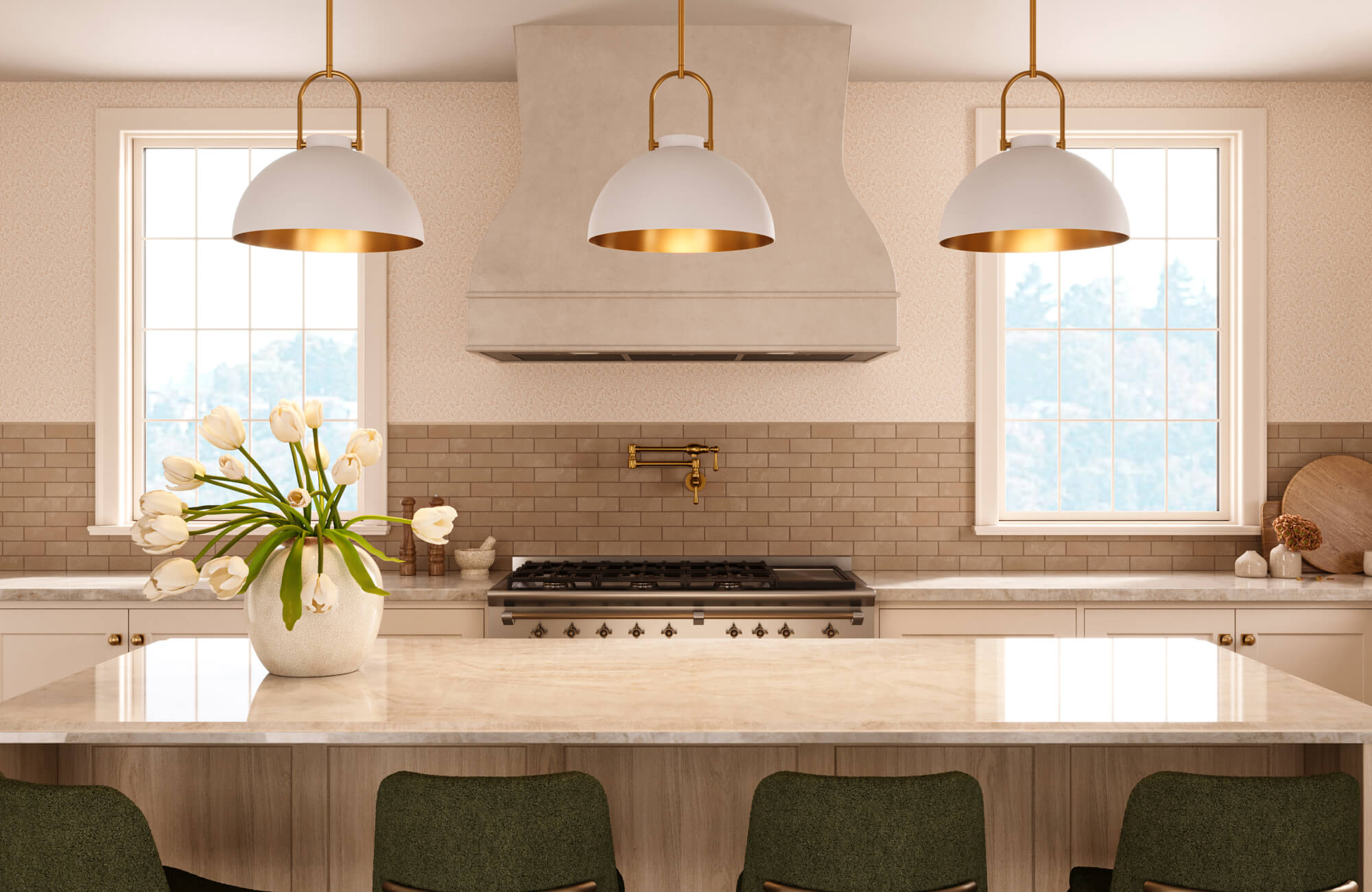 Bright kitchen with gray subway tile backsplash, off-white wallpaper, creamy stone countertops, brass pot filler, and white pendant lights with gold interiors.
