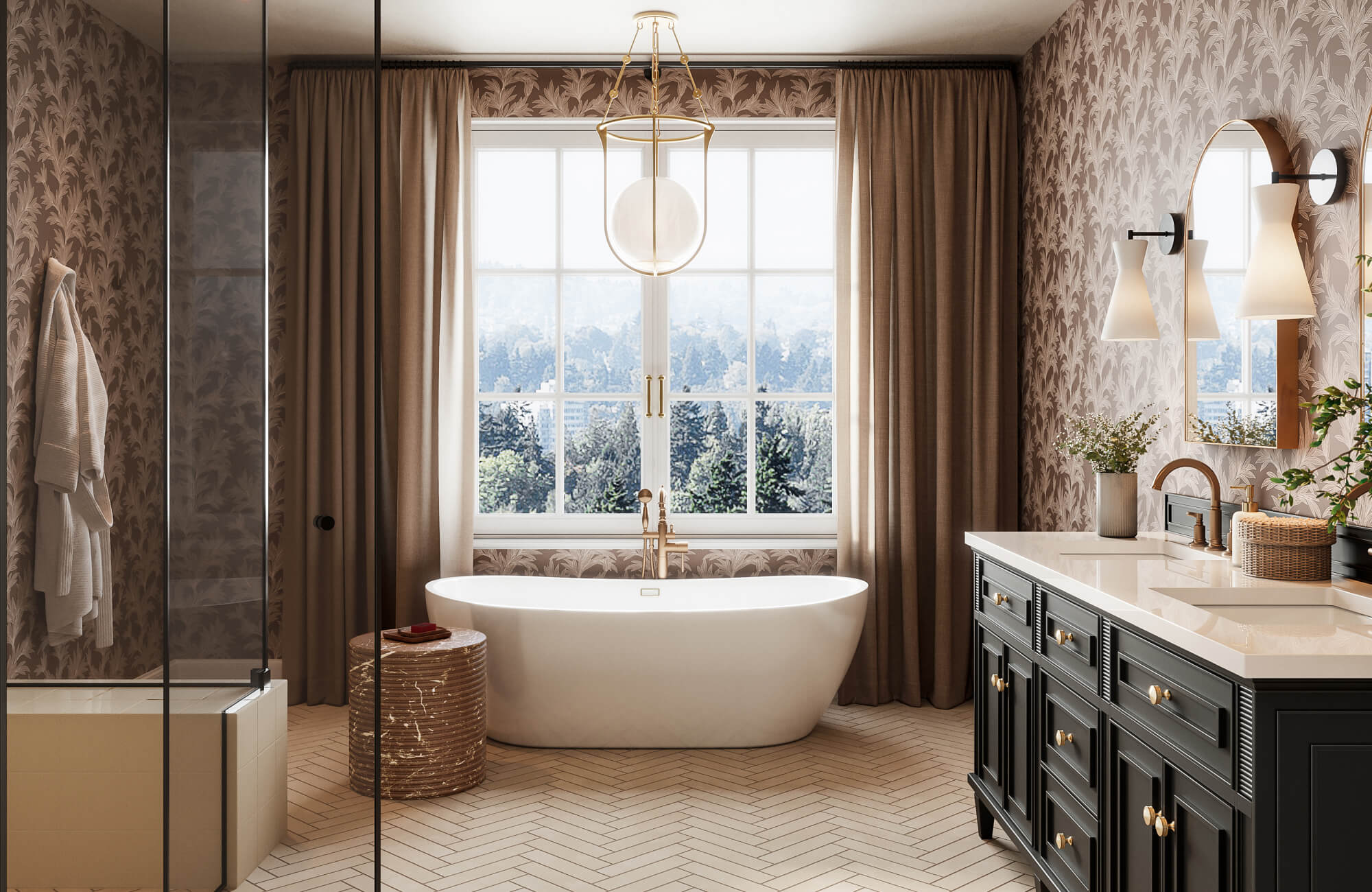 Elegant bathroom with taupe botanical wallpaper, freestanding white soaking tub, pendant lighting, beige herringbone subway tile flooring, and a dark gray vanity with brass hardware.