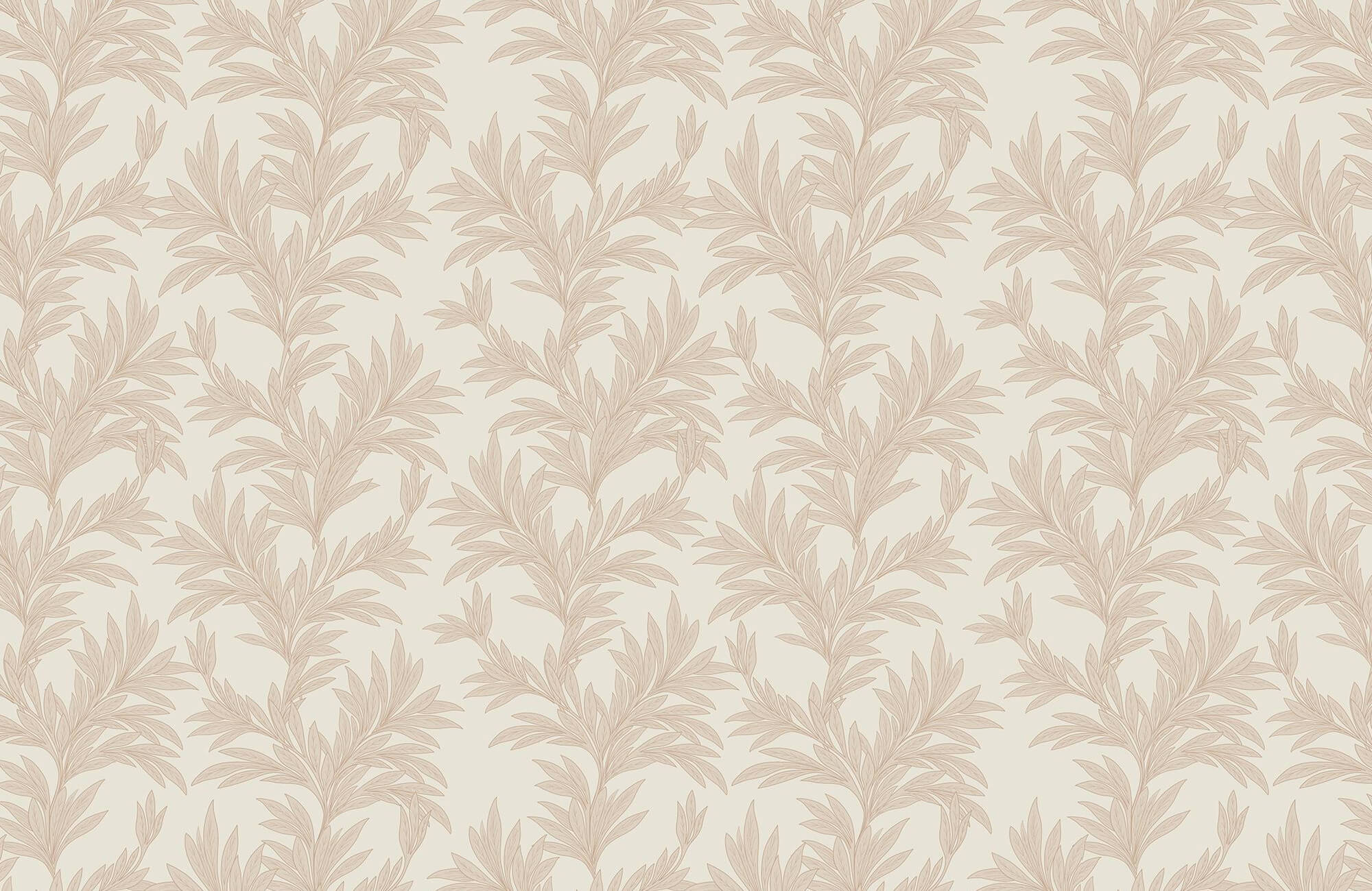 Seamless botanical wallpaper pattern with soft taupe leafy motifs set against a warm cream background.