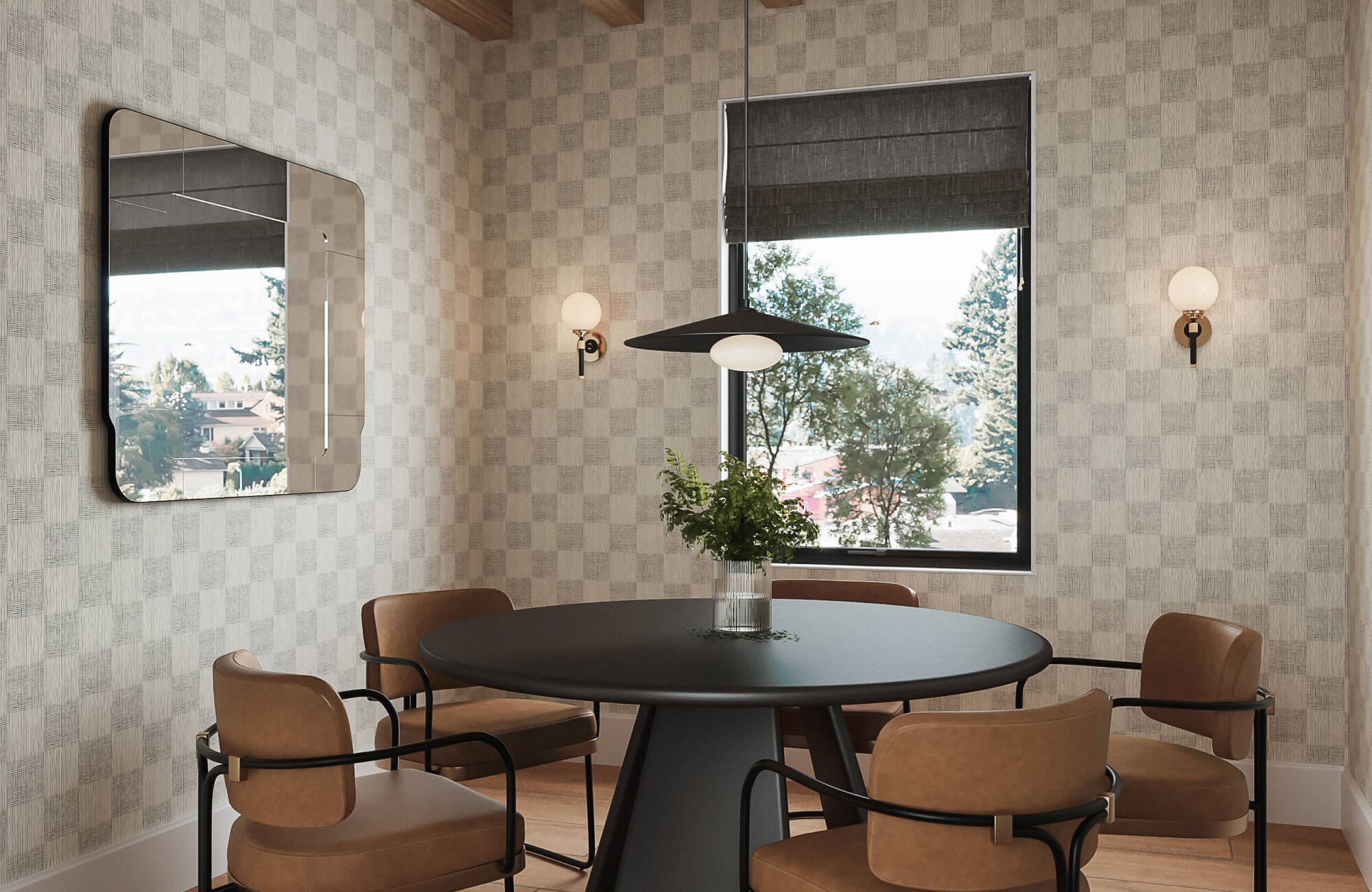 Modern dining nook with subtle taupe checkered wallpaper, round black pedestal table, caramel leather chairs, and a sculptural black pendant light.