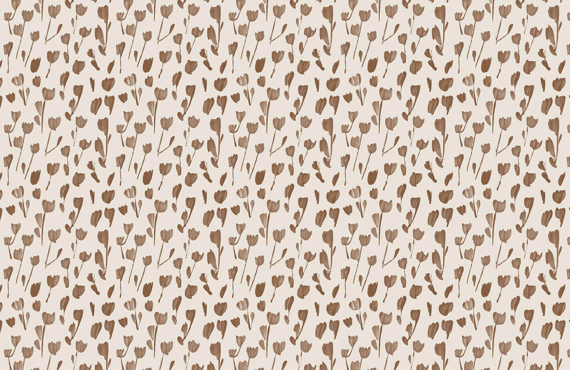 Seamless floral wallpaper pattern with scattered warm brown tulip motifs on a soft cream background.