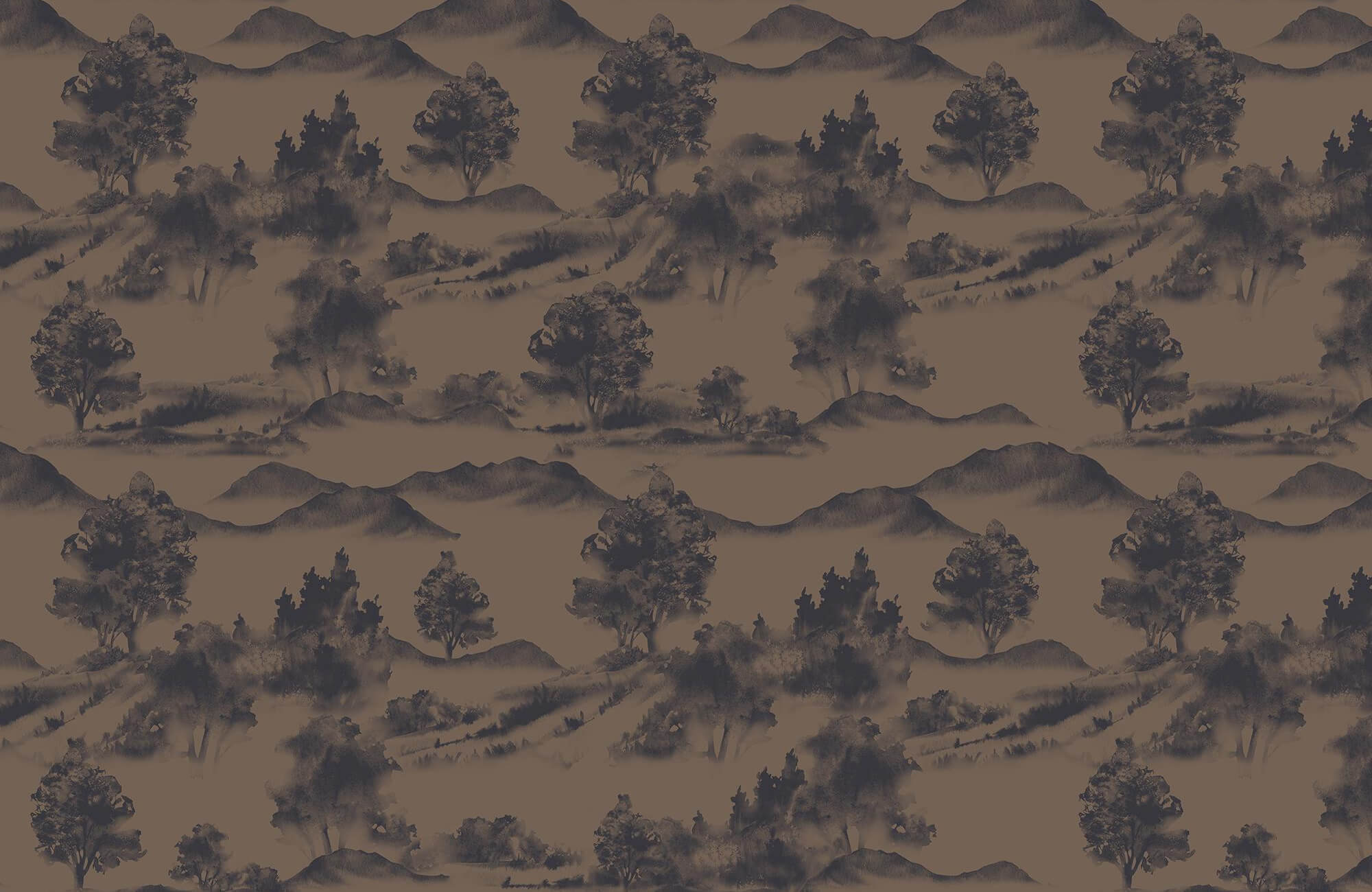 Seamless scenic wallpaper pattern featuring moody charcoal landscape illustrations with trees and rolling hills on a warm taupe background.