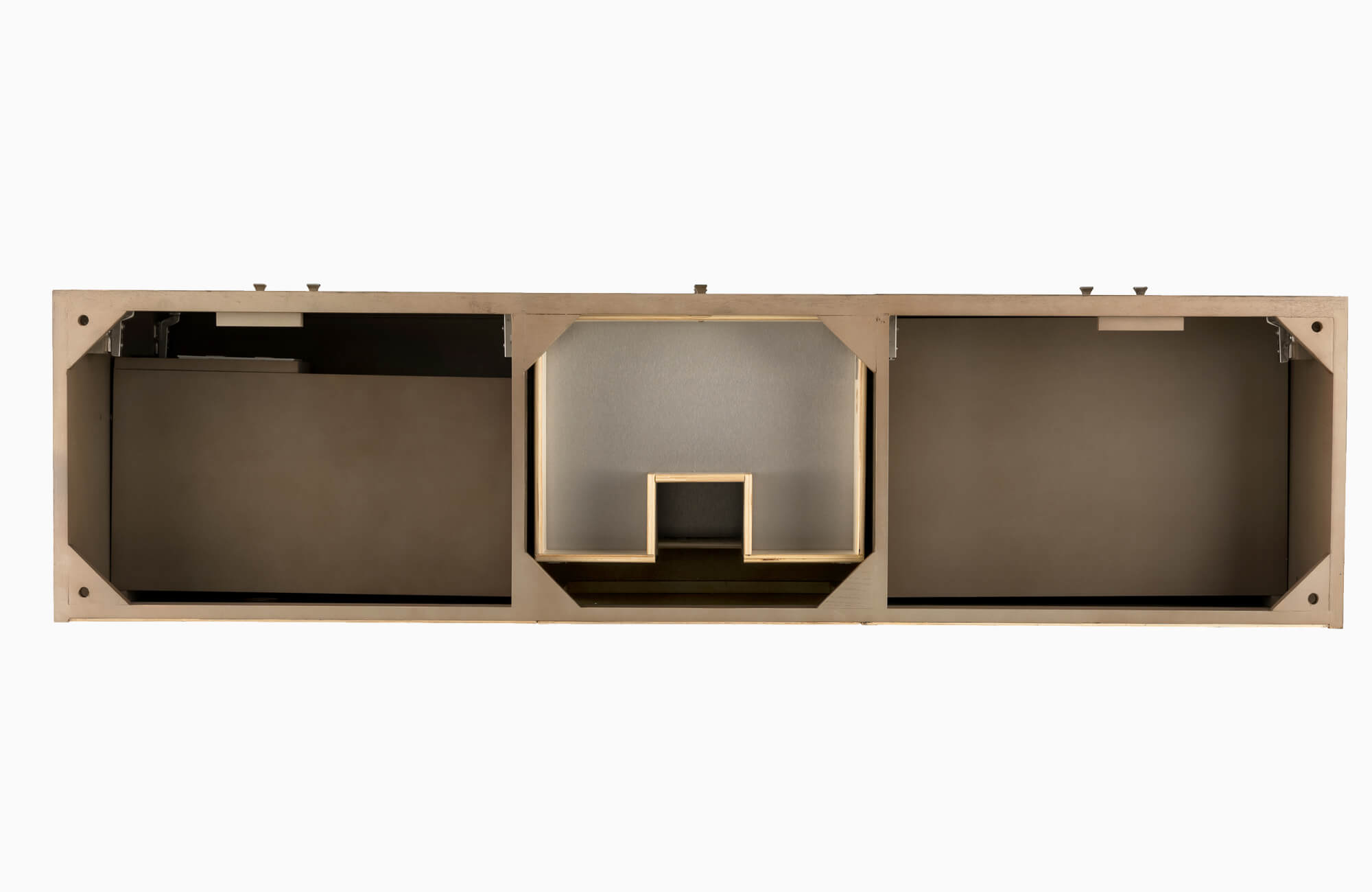 Underside of a floating vanity cabinet, showing clean-lined compartments and a recessed center cutout that reflect thoughtful construction and modern bathroom design.