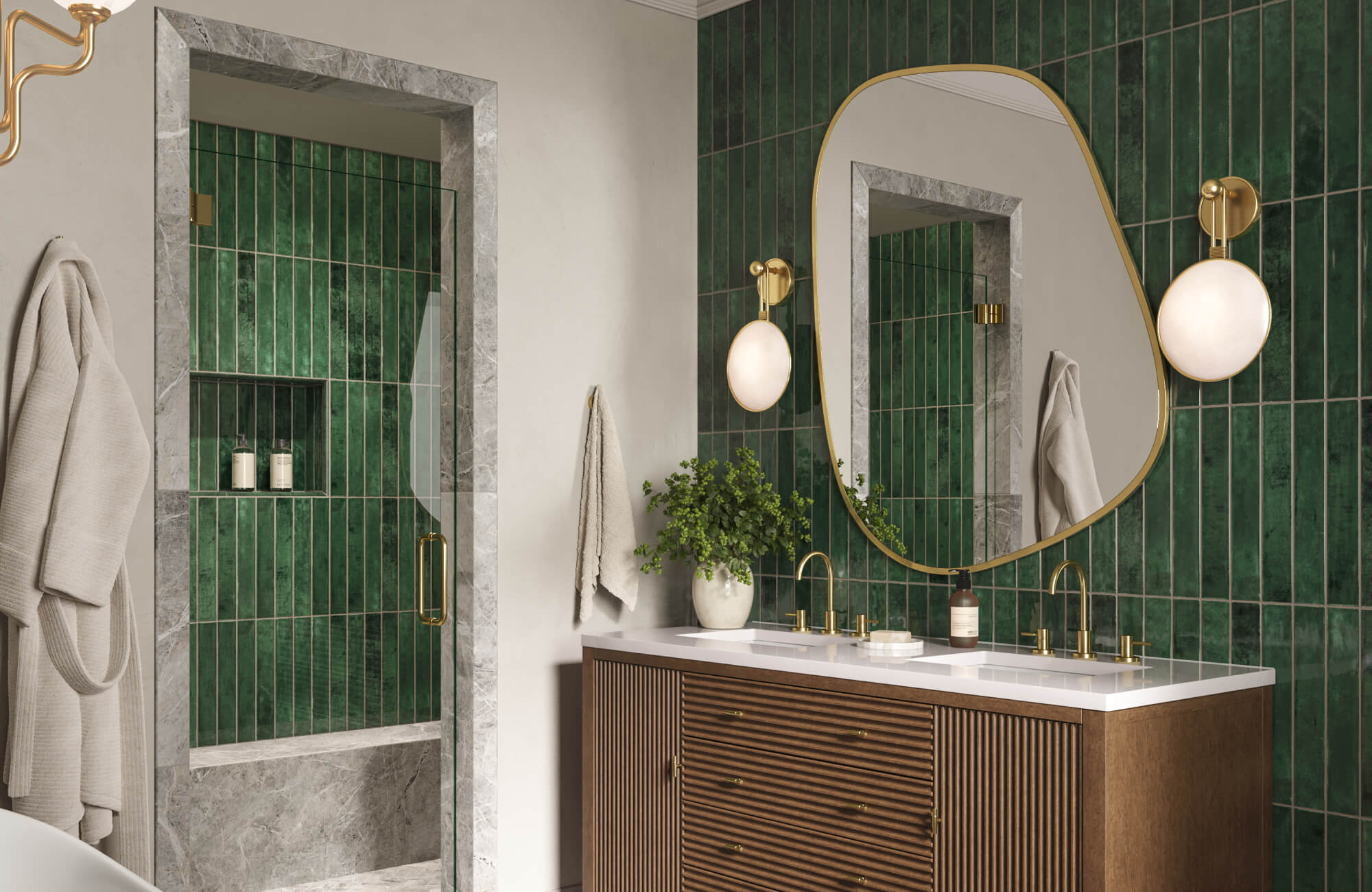 null Modern bathroom with green subway tiles, gold accents, and a wood vanity topped with a sleek white countertop.