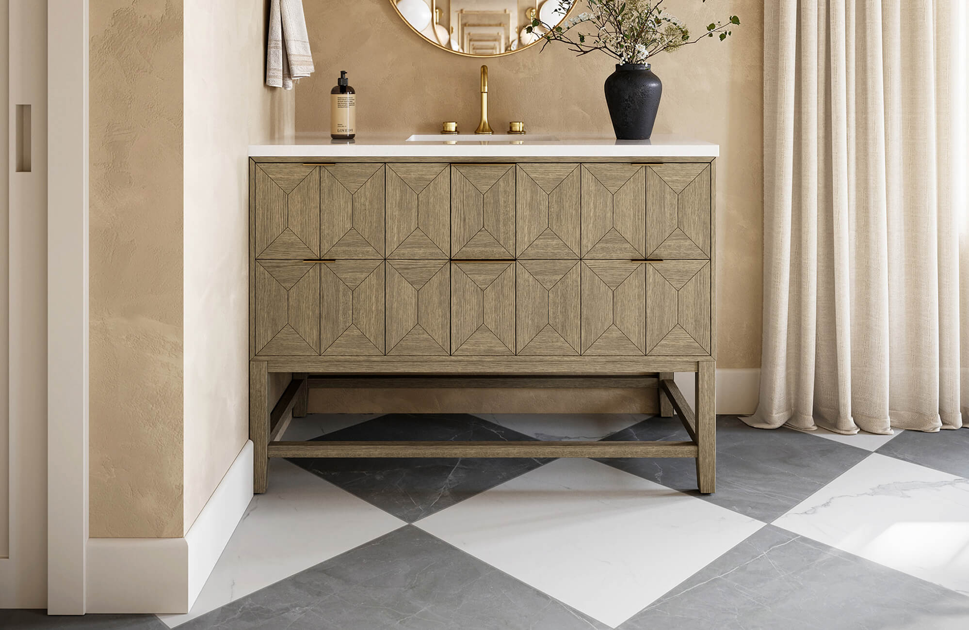 null Chic bathroom with a vanity, wood cabinetry, gold hardware, white countertop set against a warm beige wall and large format porcelain checkerboard tiles.