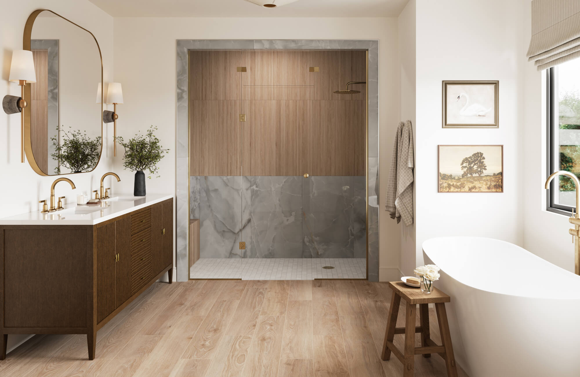 null Serene bathroom with a freestanding tub, wood look and marble-accented shower, and a double vanity with gold fixtures.