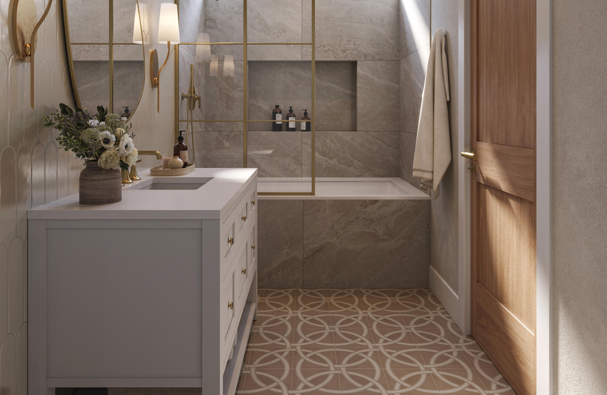 null Elegant bathroom with a white vanity, gold fixtures, stone-tiled tub surround, and encaustic floor tiles.