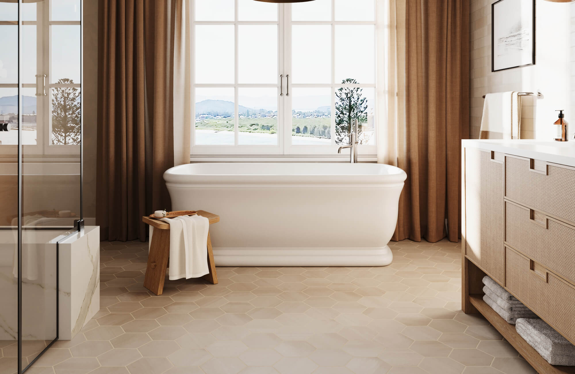 null Bright bathroom with a classic freestanding tub, beige hexagon tile flooring, and warm wood accents framed by large windows.