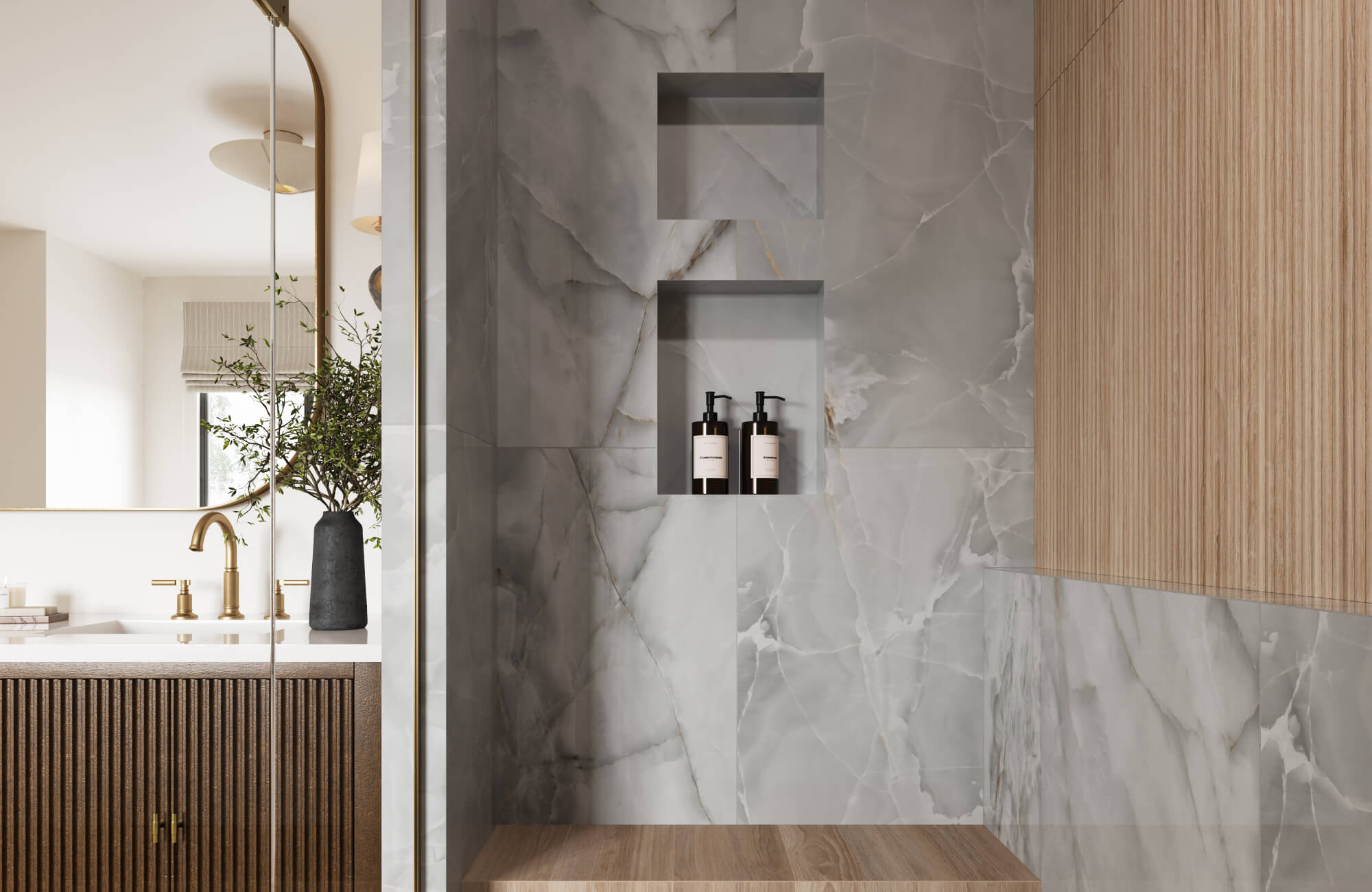 null Modern shower with large gray slate look tiles, built-in niches for toiletries, and warm wood accents.