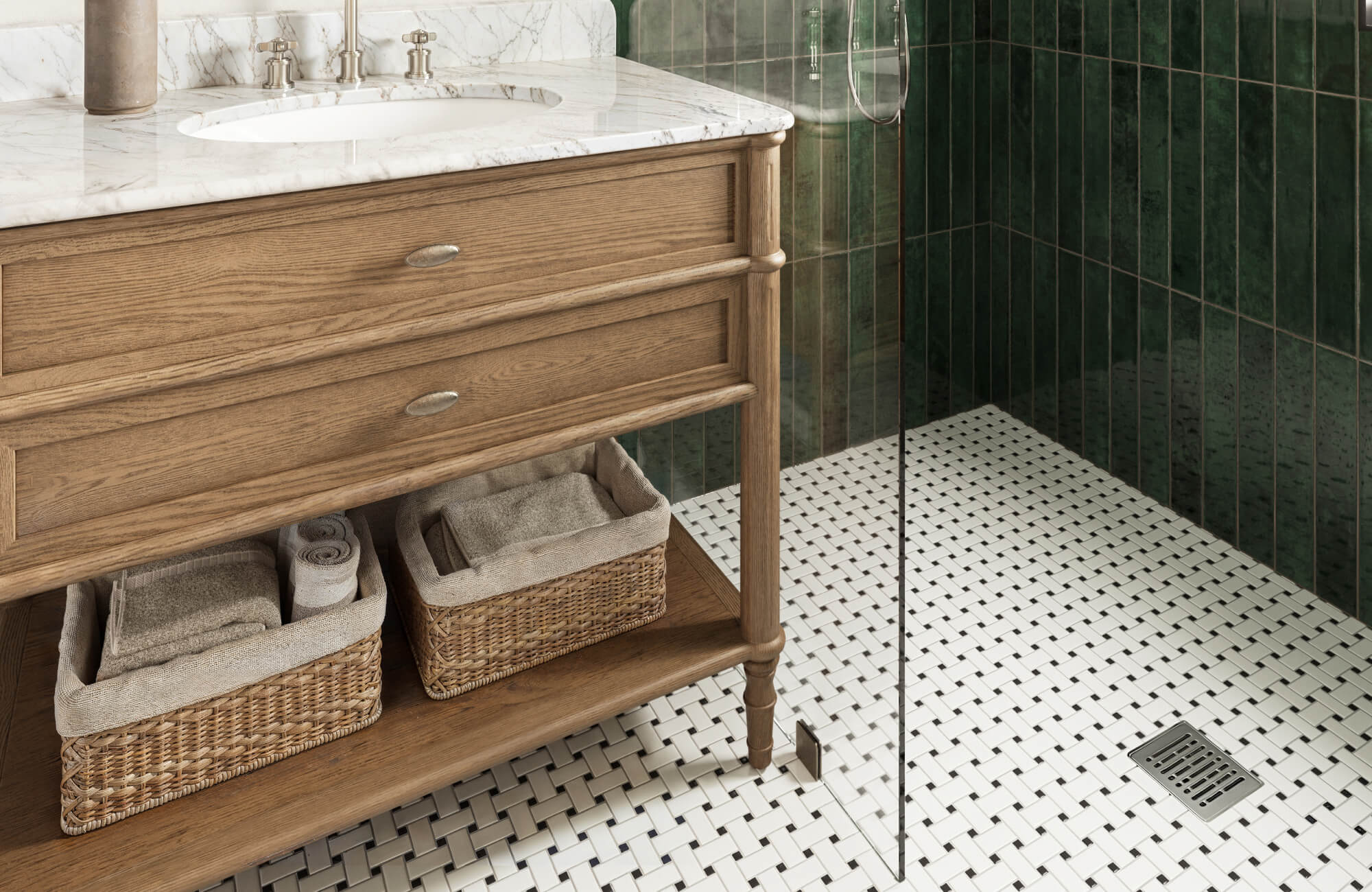 null Bathroom with a marble-topped wood vanity, white basketweave tile flooring, and green vertically stacked shower tiles.