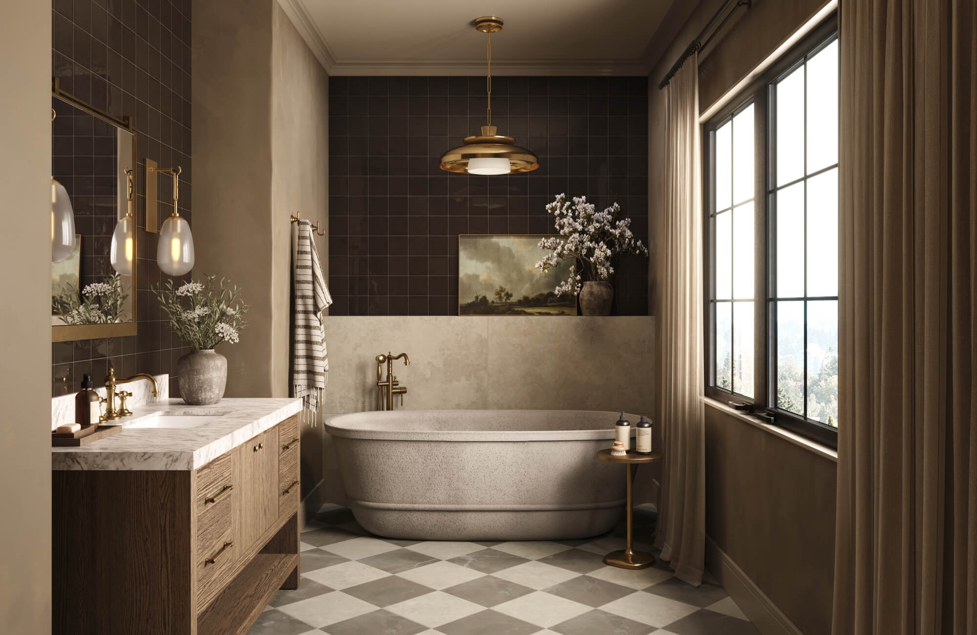null Refined bathroom renovation featuring a sculptural freestanding stone tub, warm wood vanity with marble countertop, dark grid wall tile, brass fixtures, and soft natural light creating a sophisticated spa-inspired retreat.