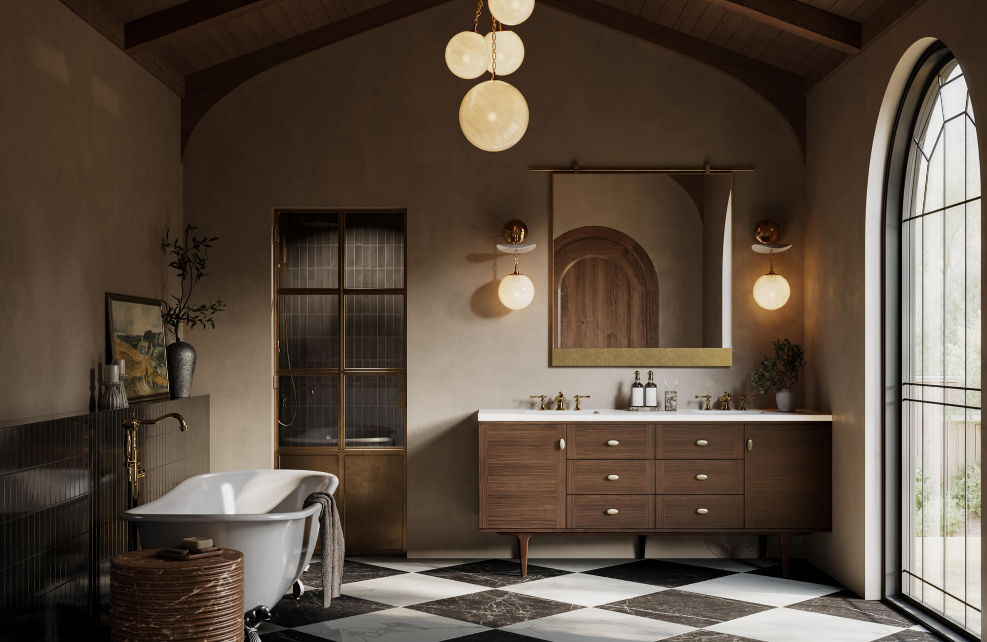 null Elegant bathroom renovation featuring a vaulted ceiling with warm pendant lighting, a classic freestanding tub, rich wood vanity with brass fixtures, arched architectural details, and a dramatic black-and-white stone floor.