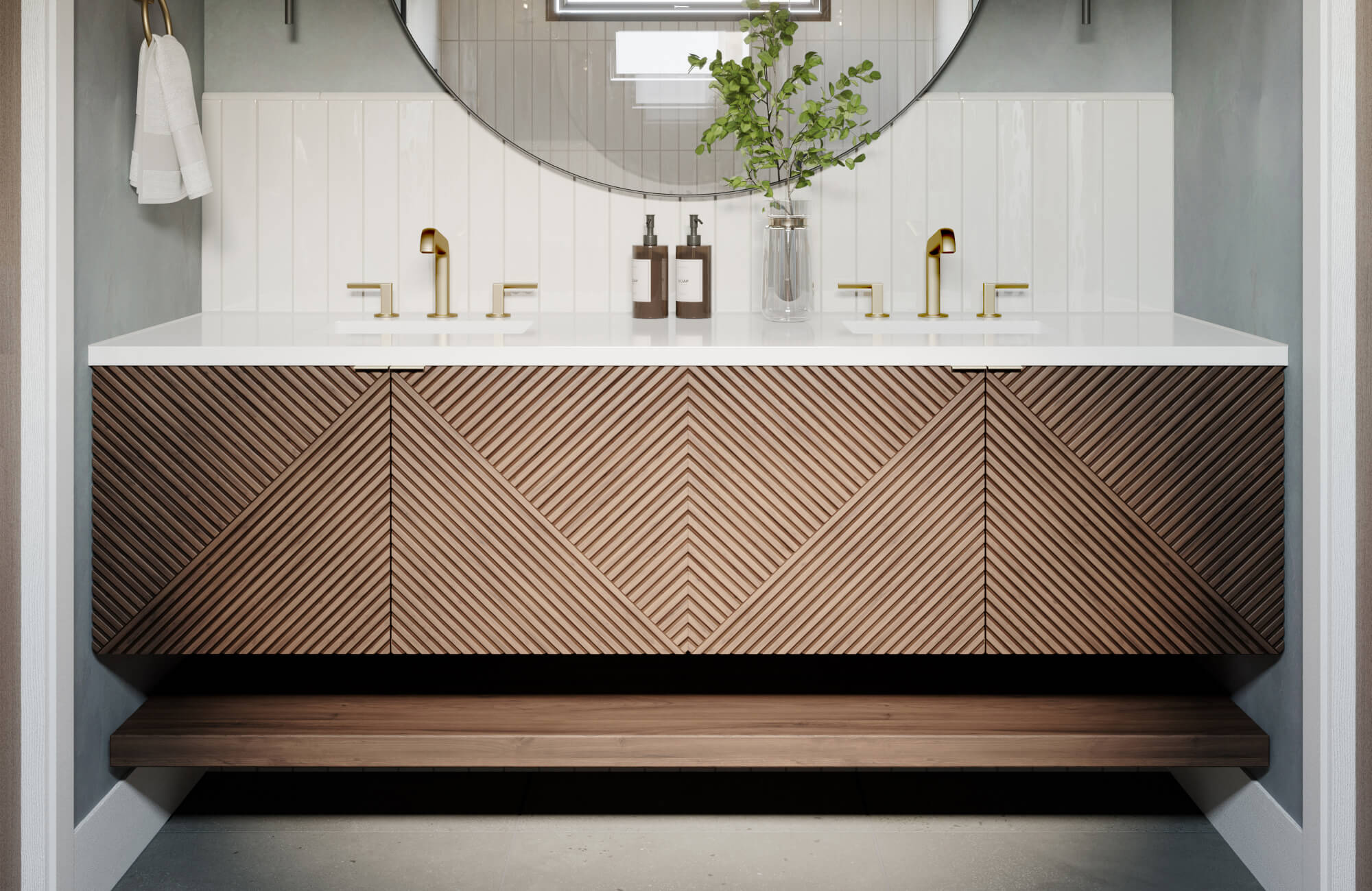 null Contemporary bathroom renovation featuring a bold chevron-patterned wood floating vanity, dual brass faucets, a crisp white countertop, and a large round mirror that elevates the space with modern craftsmanship and refined symmetry.