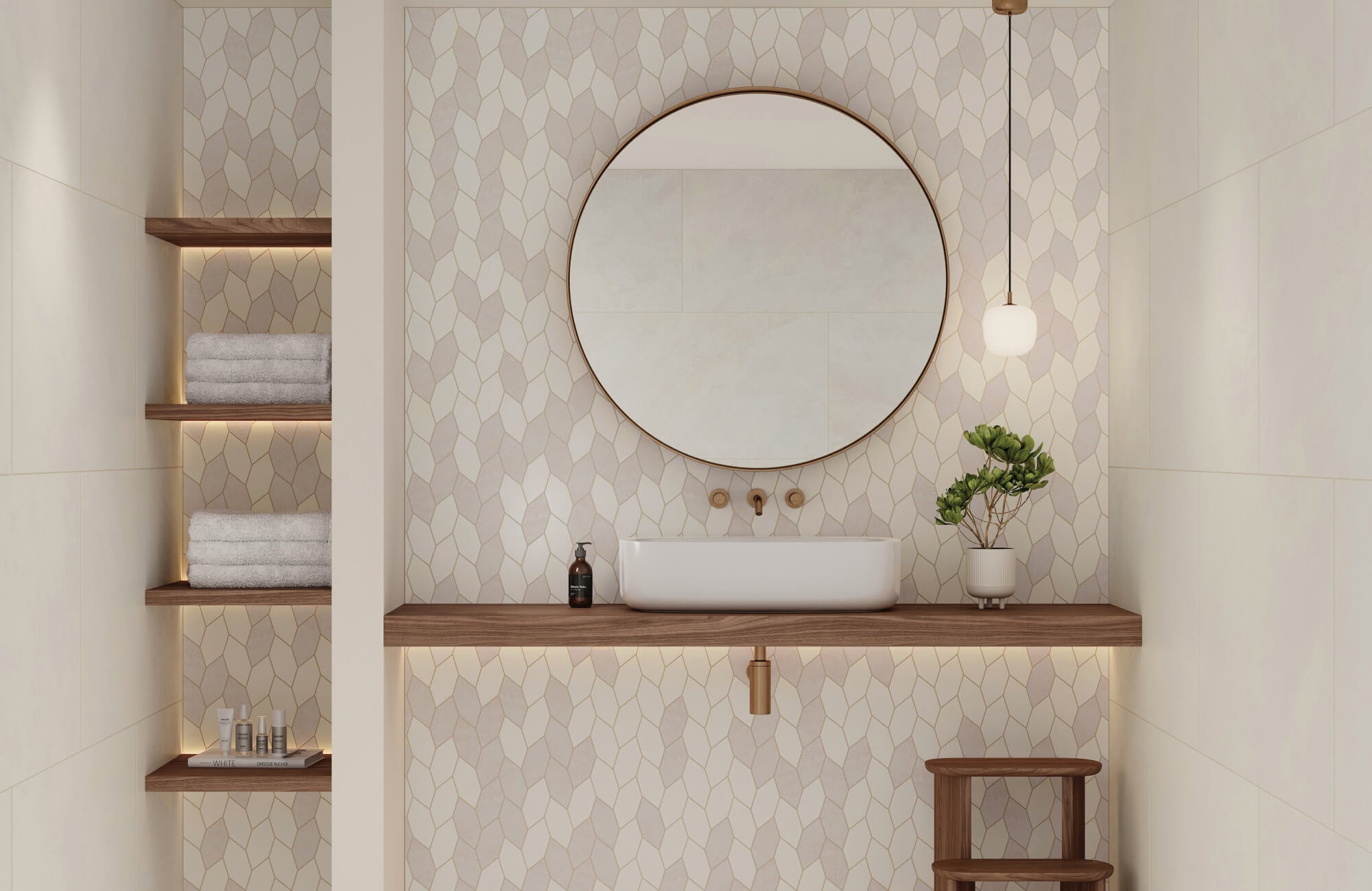 null Elegant bathroom renovation showcasing a floating wood vanity with vessel sink, soft geometric mosaic wall tiles, warm brass fixtures, open shelving, and a round mirror that creates a balanced, spa-inspired focal point.