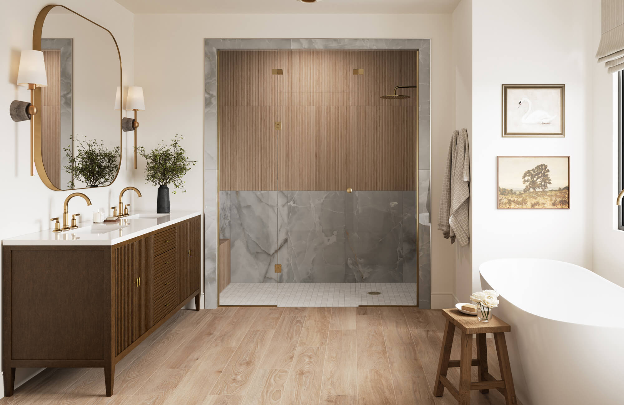 null Luxurious bathroom renovation featuring a fluted wood vanity with brass fixtures, a marble-framed walk-in shower with rainfall head, a freestanding soaking tub, and warm wood flooring that creates a refined, spa-like retreat.