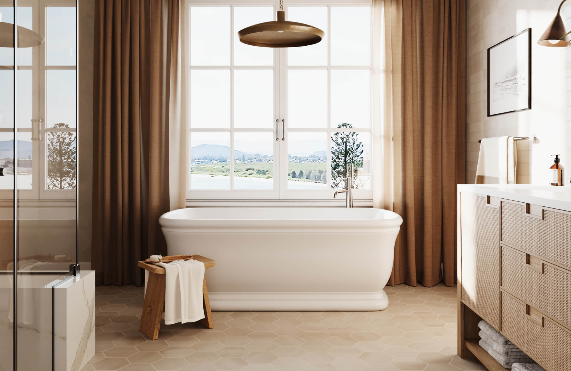 null Bright bathroom renovation featuring a classic freestanding soaking tub centered beneath a large window, warm neutral hexagon floor tiles, soft drapery, and natural wood accents that create an airy, spa-like retreat.