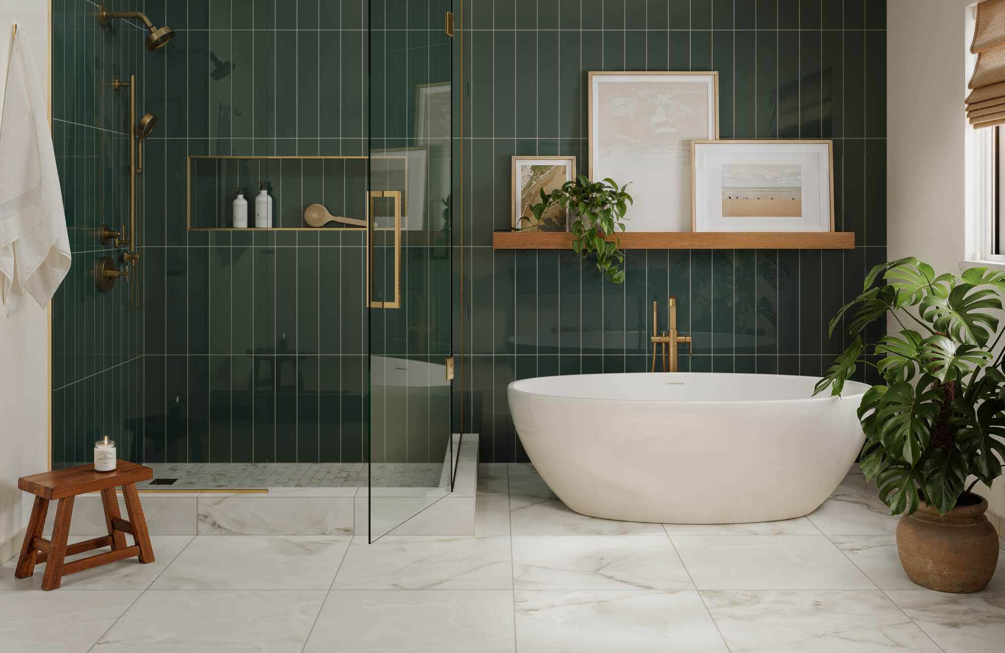 null Sophisticated bathroom renovation featuring deep green vertical wall tiles, a freestanding oval tub, glass-enclosed shower with brass fixtures, natural wood accents, and indoor plants that create a serene, modern spa aesthetic.