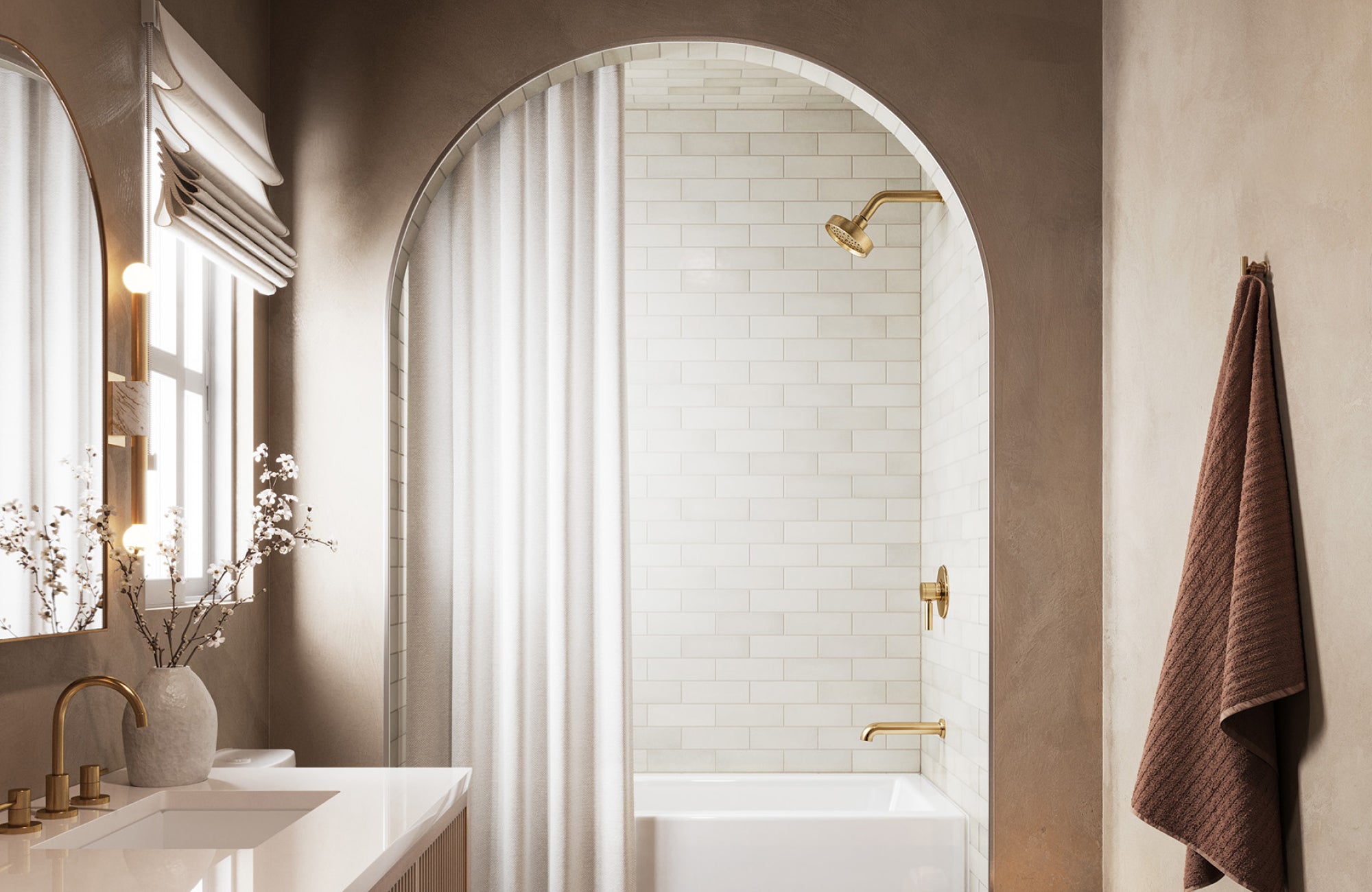 null Bathroom with arched entry and brass fixtures paired with classic white subway tile walls.