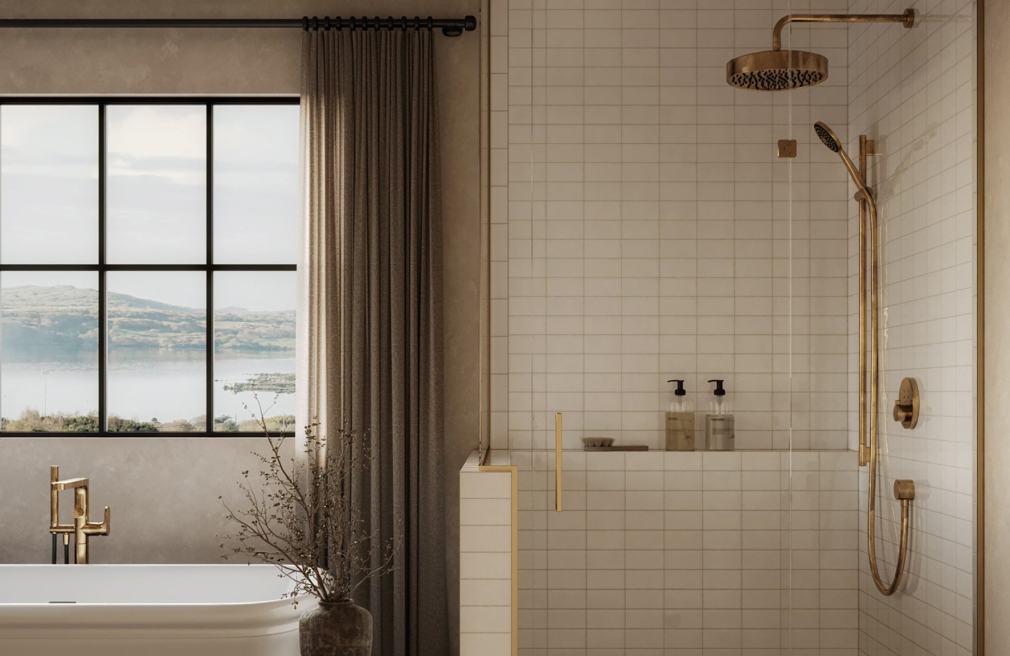 null Shower with square white subway tiles and brass fixtures next to a large window with a scenic view.