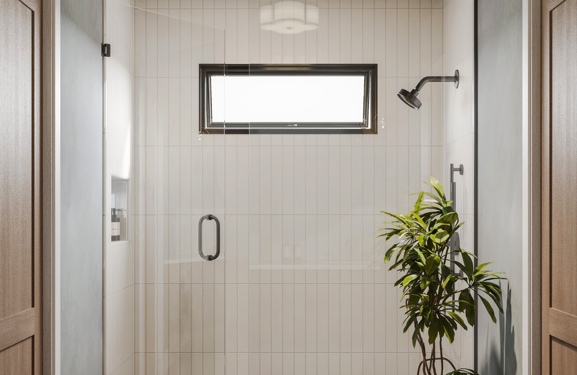null Vertical stacked white subway tile shower with narrow window and matte black fixtures.