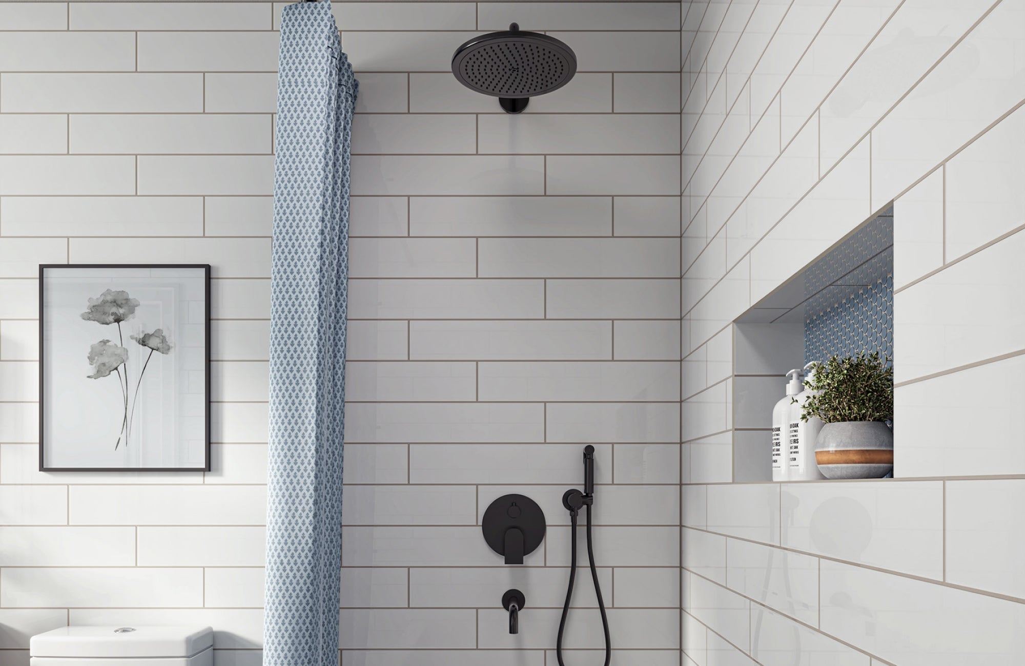 null Modern shower with wide white subway tiles, recessed shelf, and matte black fixtures.
