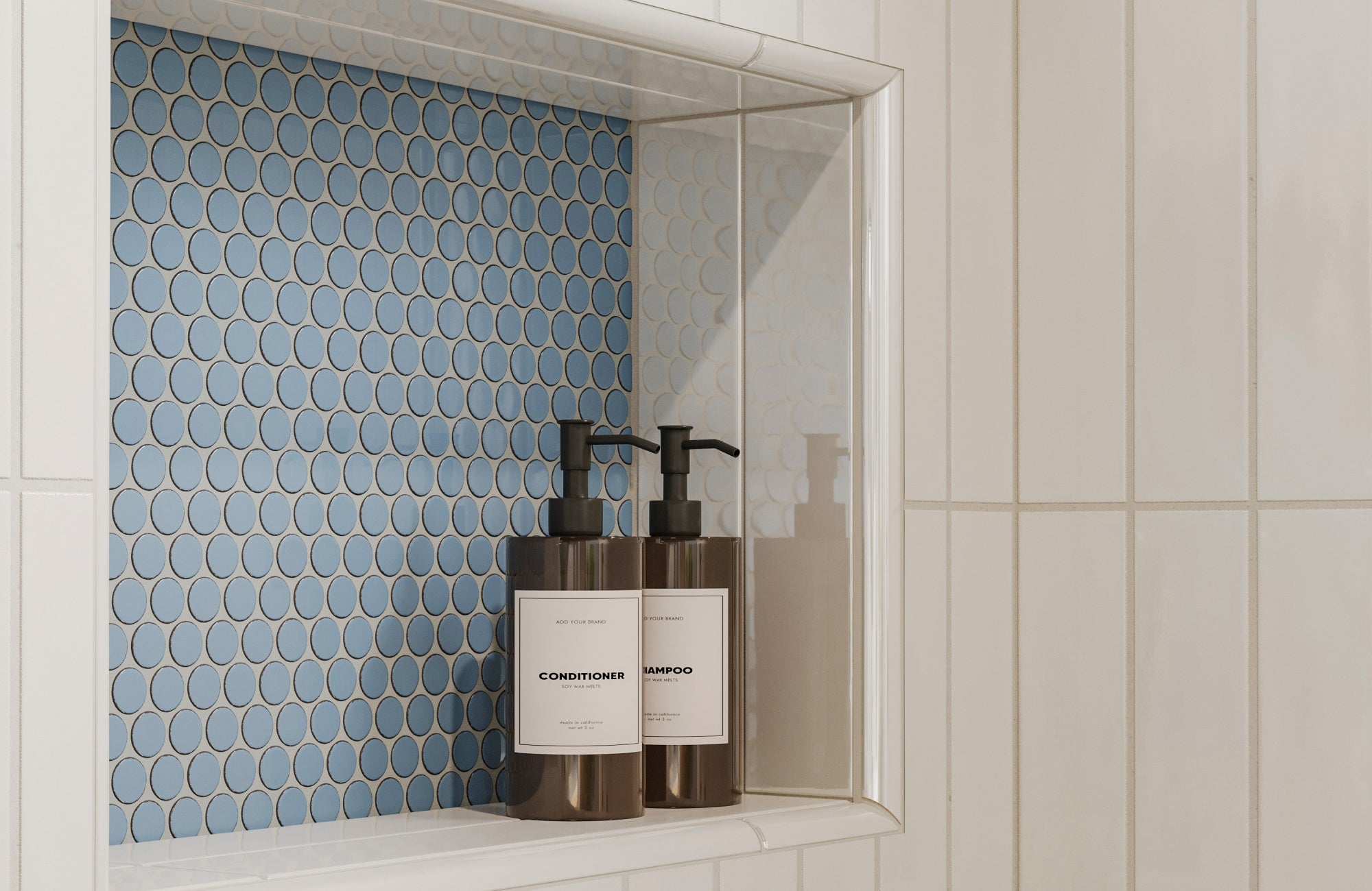 null Close-up of a shower niche with white vertical subway tiles framing blue circular accent tiles for contrast.