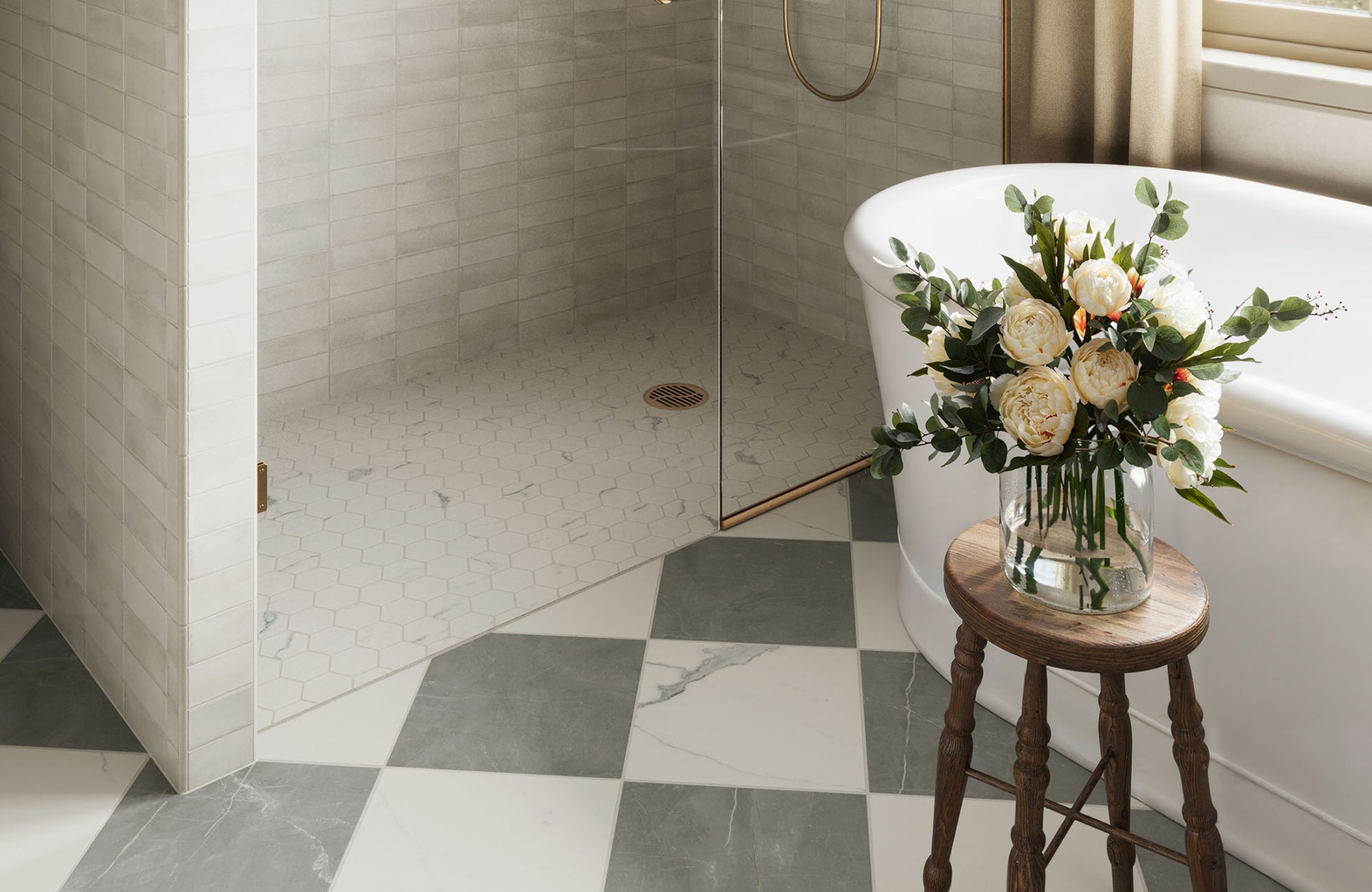 null Shower with soft matte white subway tiles paired with checkerboard floor tiles for a refined, balanced finish.