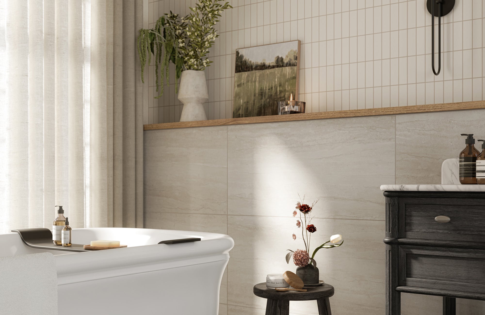 null Bathroom with white vertical subway tiles above beige stone walls, styled with modern fixtures and decor.