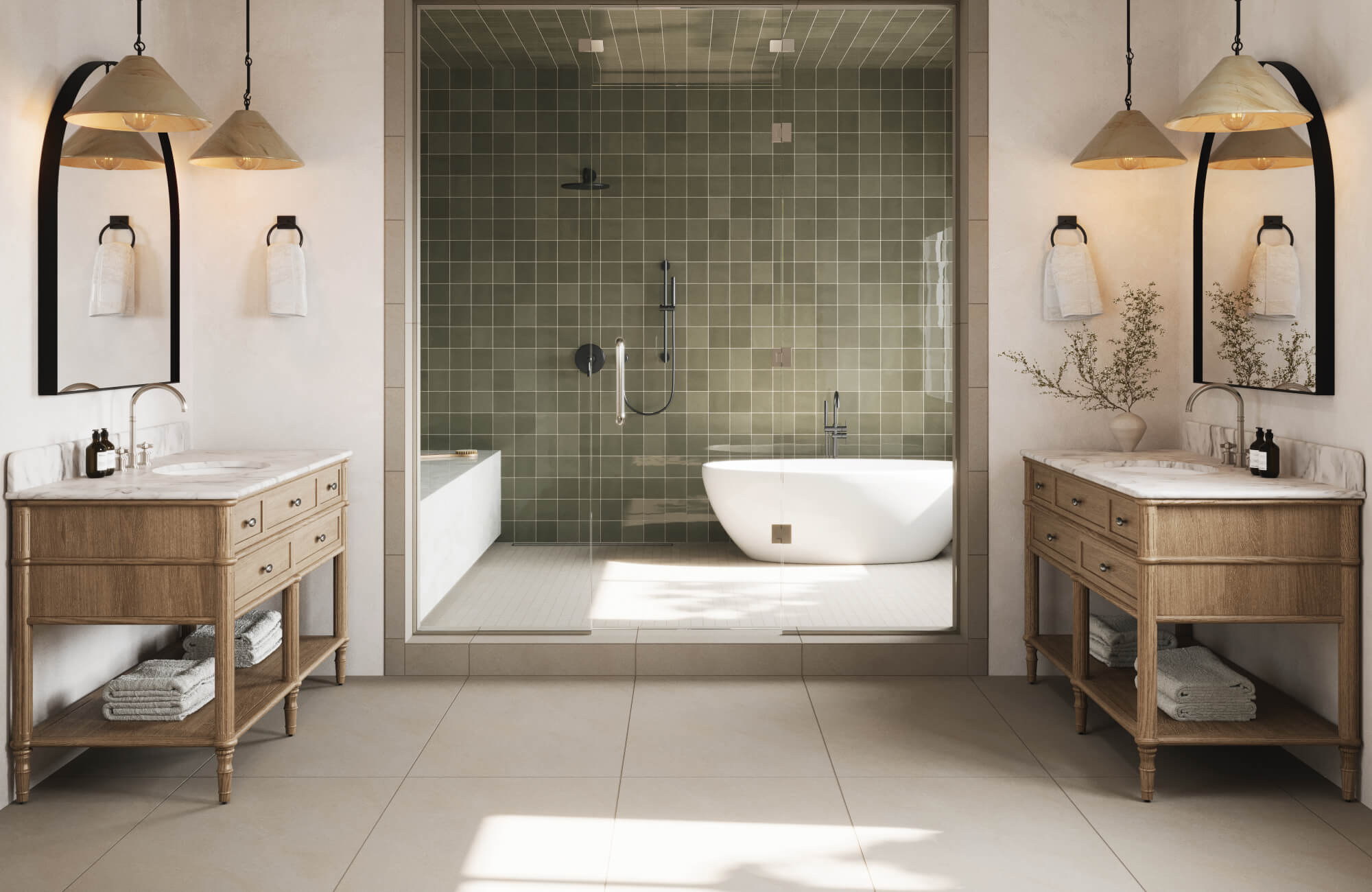 null Elegant bathroom with green square wall tiles in the shower area, complemented by warm pendant lights above dual wood vanities for a balanced blend of natural charm and modern design.