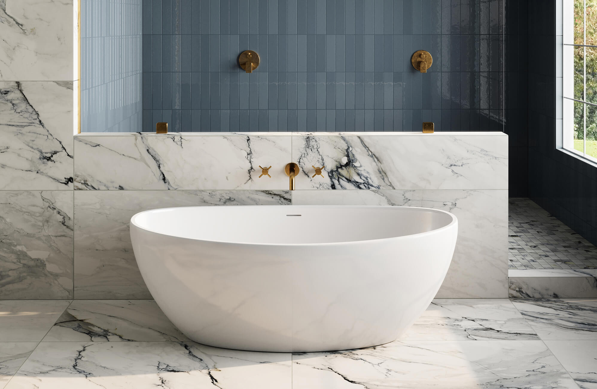 null Luxurious bathroom with marble-look floor and wall tiles paired with glossy blue vertical tiles, highlighted by warm brass fixtures for an elegant modern touch.