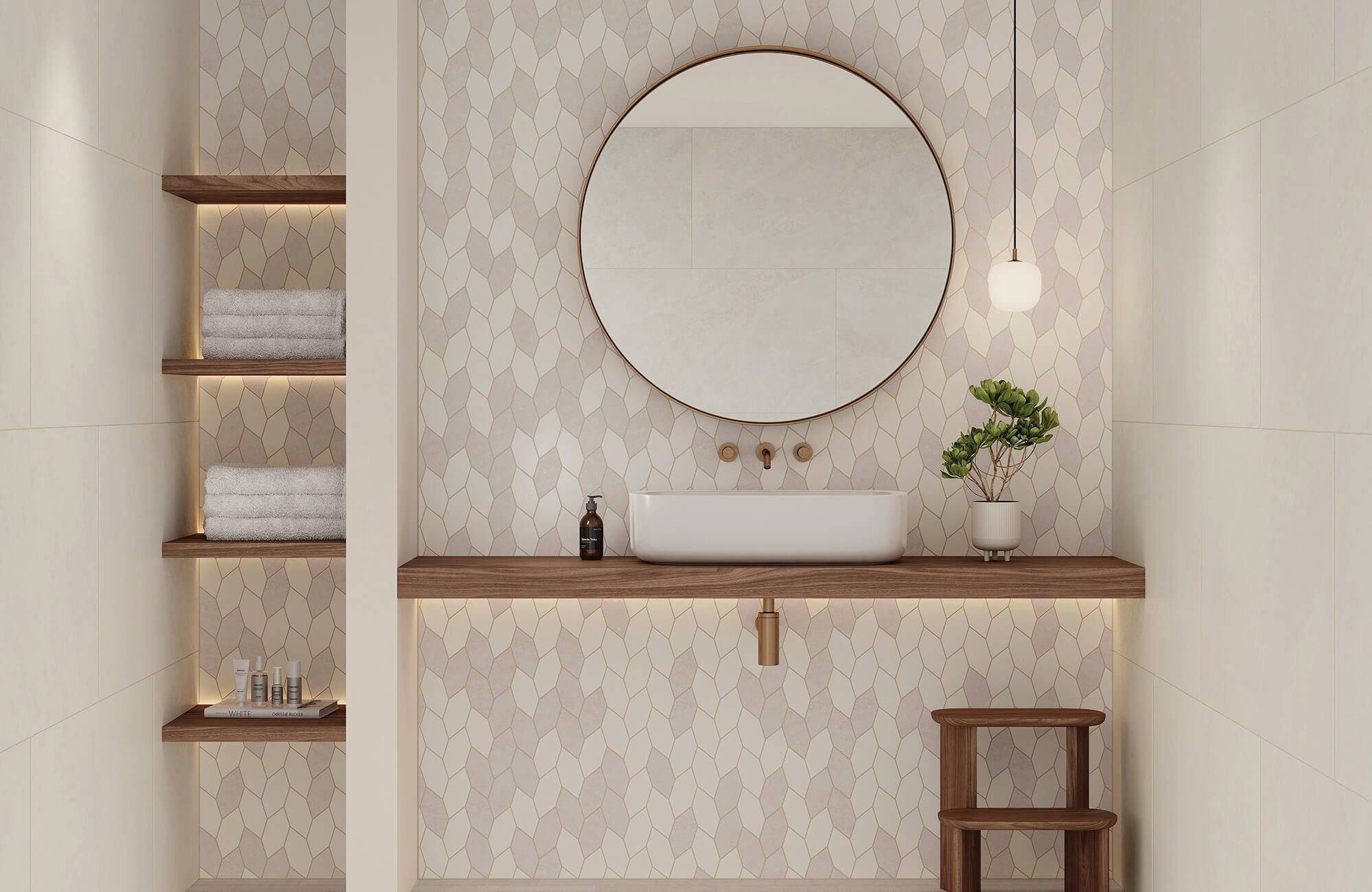 null Stylish bathroom with leaf-pattern mosaic wall tiles, a floating wooden vanity, and soft pendant lighting creating a warm and inviting atmosphere.