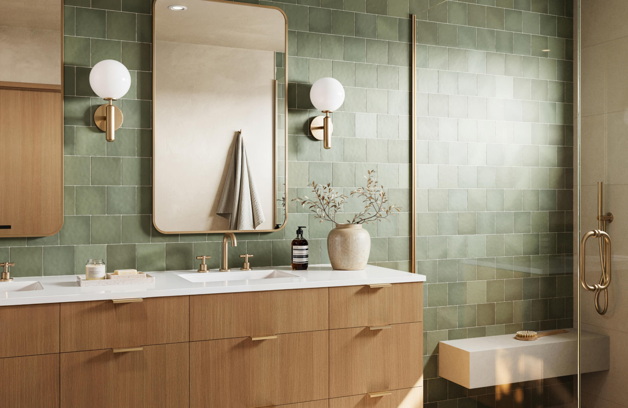null Modern bathroom with glossy green square wall tiles, paired with warm wood cabinetry and brass sconces for a sophisticated and inviting look.