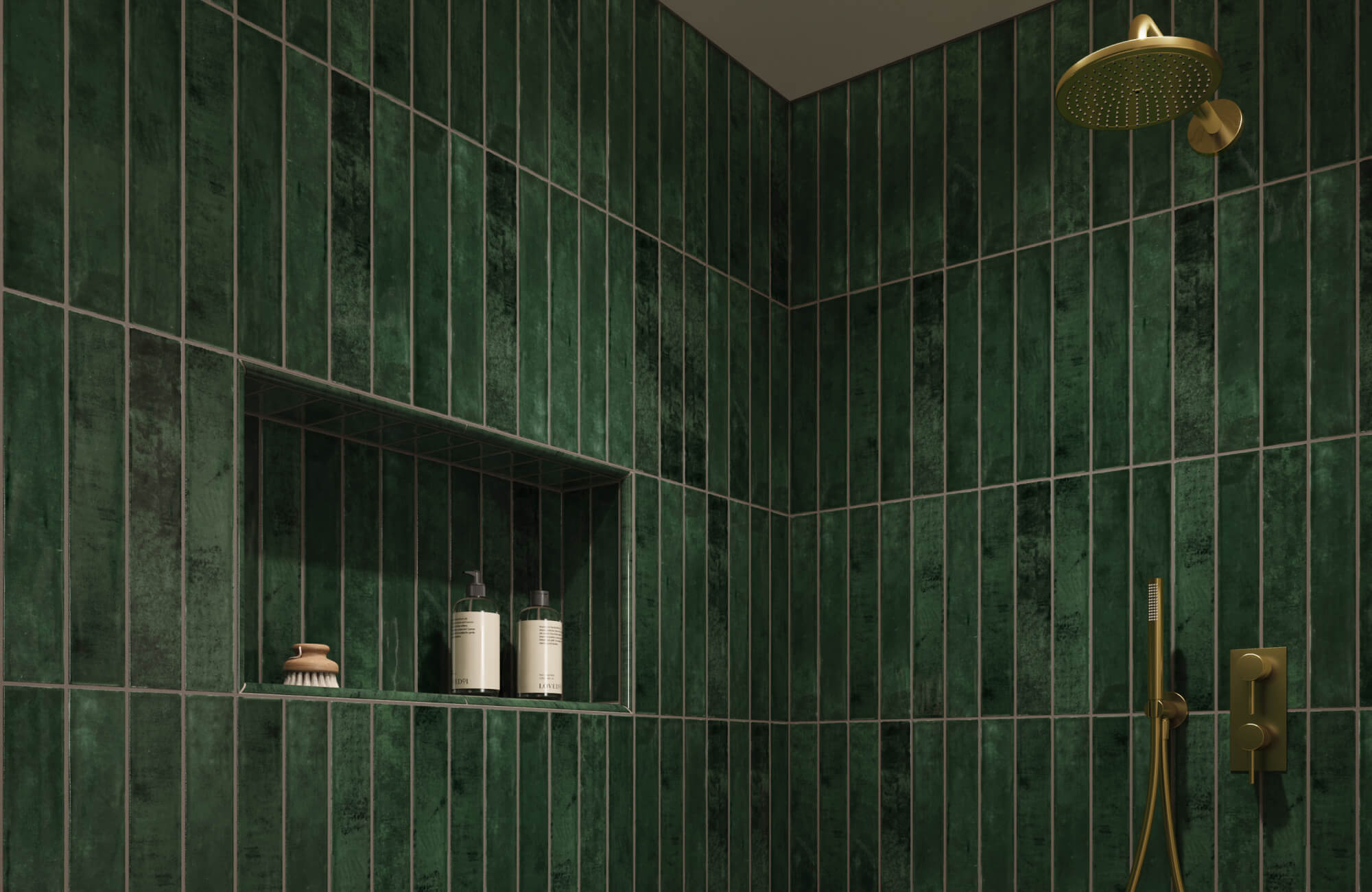 null Sophisticated bathroom shower with glossy deep green subway tiles, accented by a built-in niche and brushed brass fixtures for a luxurious finish.