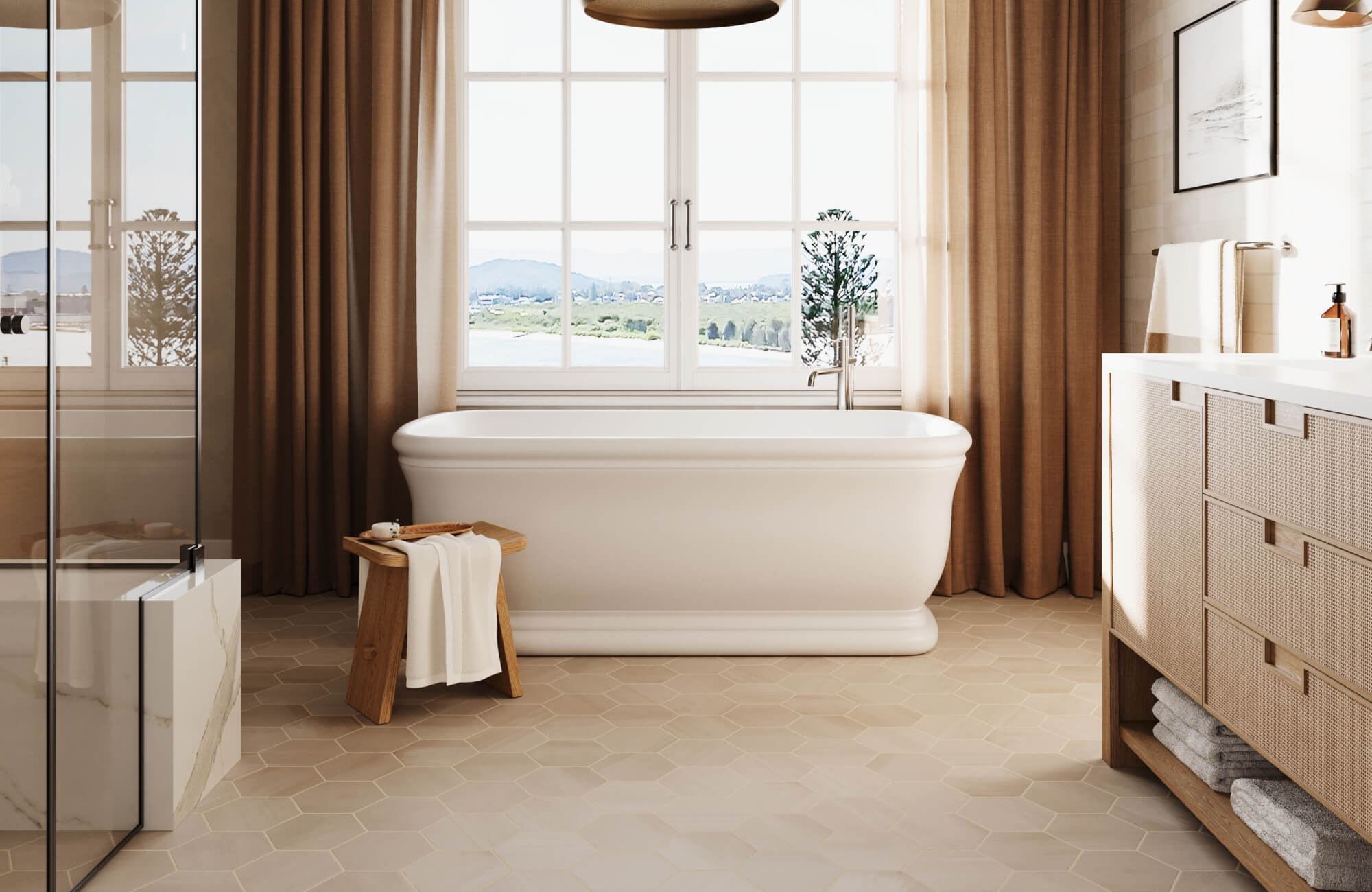 null Serene bathroom with a freestanding white tub, warm beige hexagon floor tiles, and soft natural light filtering through full-length curtains for a cozy spa-like retreat.