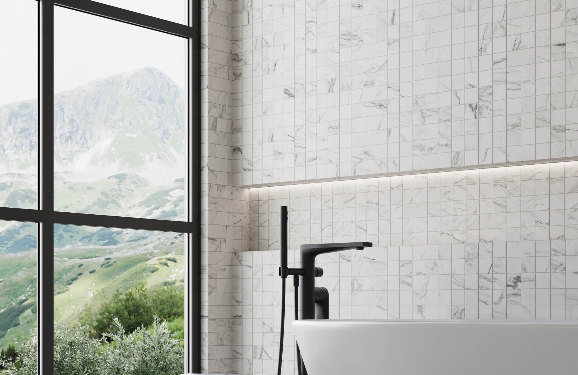 null Bathroom with elegant marble-look bathroom tile walls, enhanced by concealed LED strip lighting that adds a soft modern glow.
